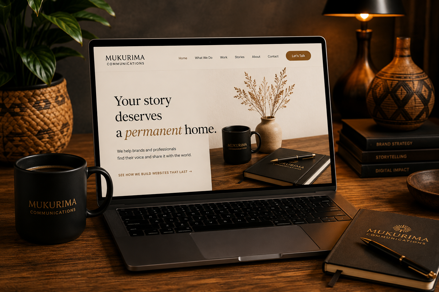 Premium business website on a laptop in a warm contemporary African-inspired workspace