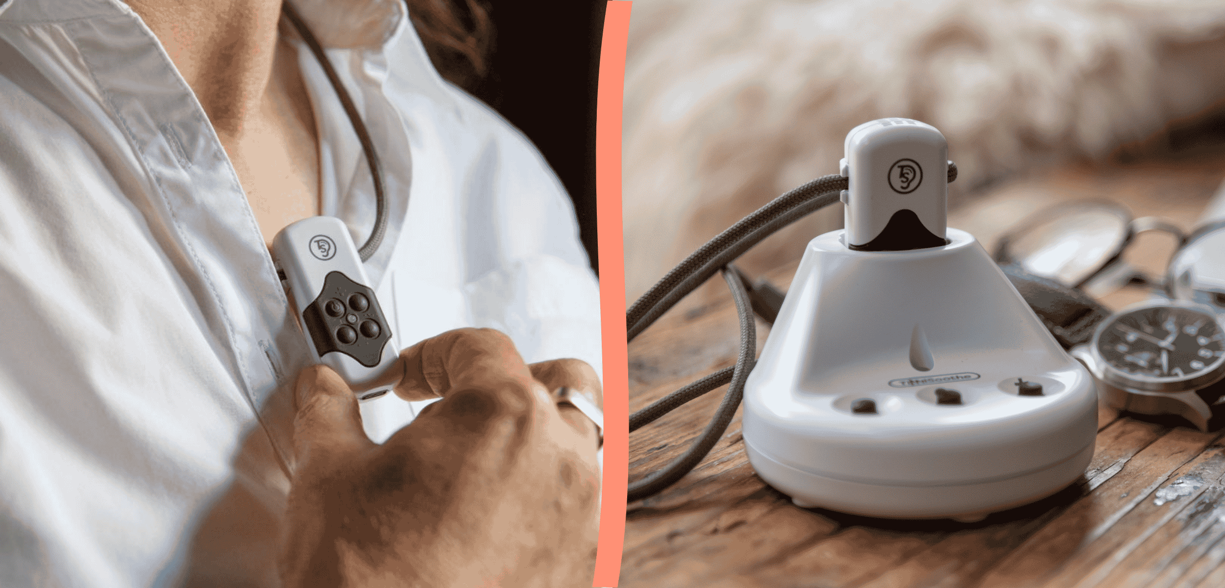 TinniSoothe wearable sound therapy device and bedside dock