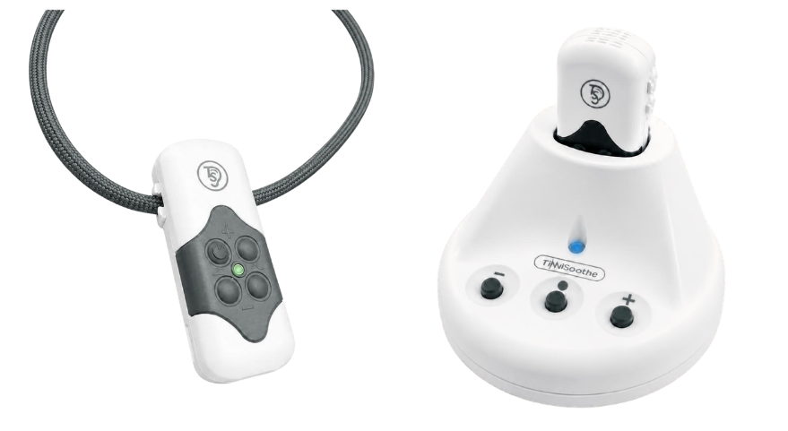 TinniSoothe wearable sound therapy module and bedside docking station