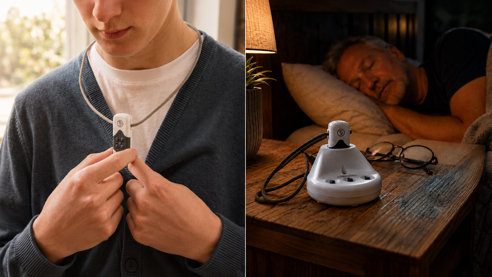 TinniSoothe sound therapy shown for daytime and nighttime use