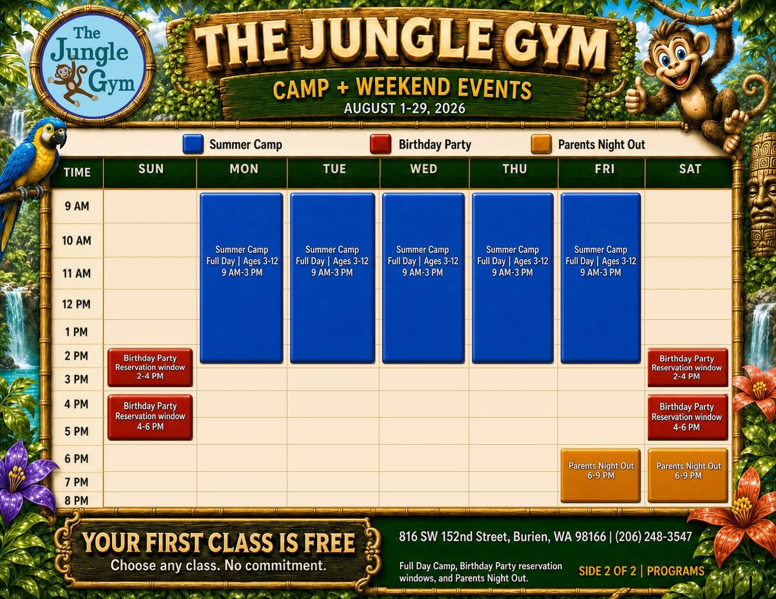 August camp and weekend events - The Jungle Gym Burien