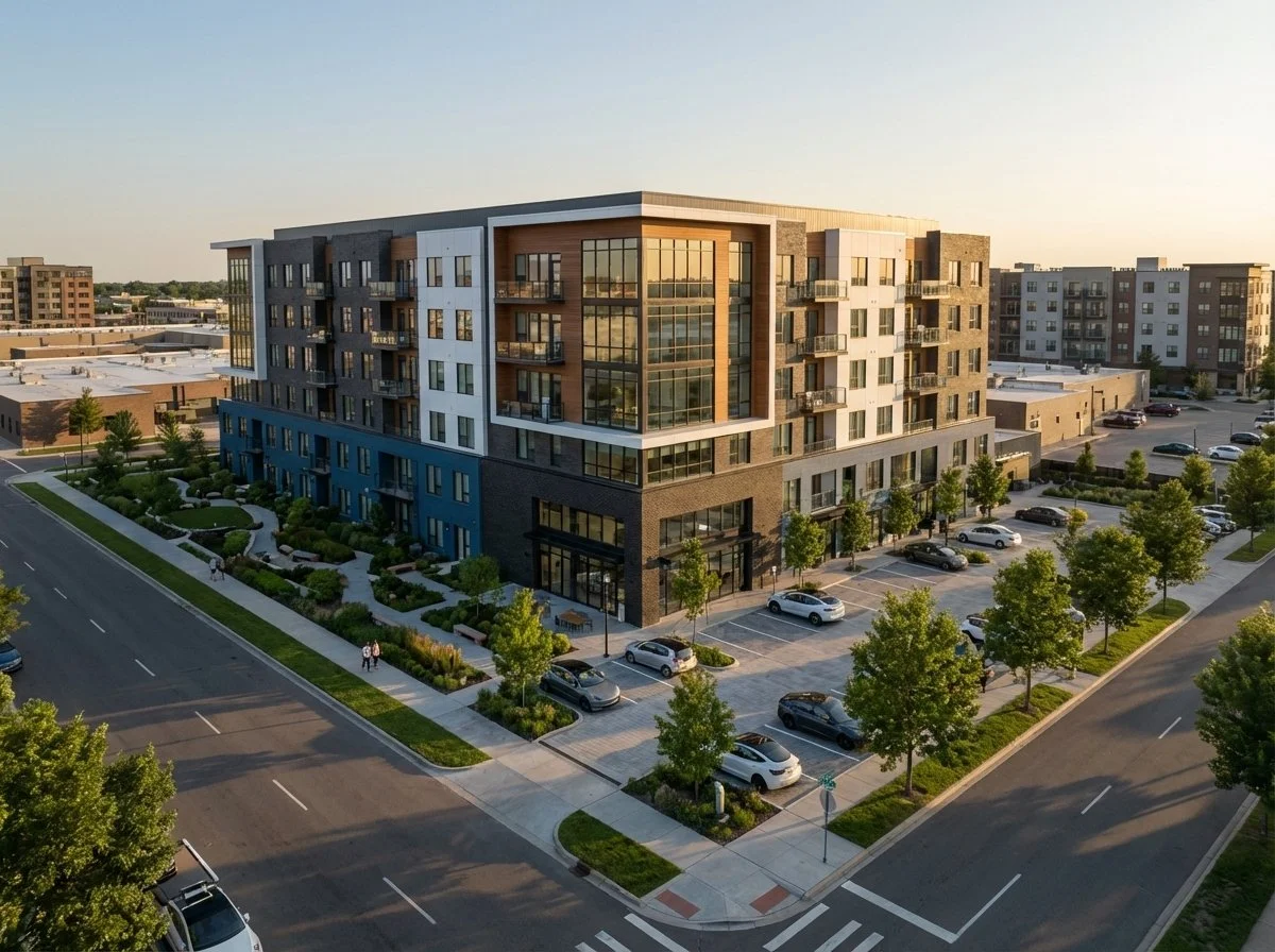 AI rendering — mixed-use multifamily