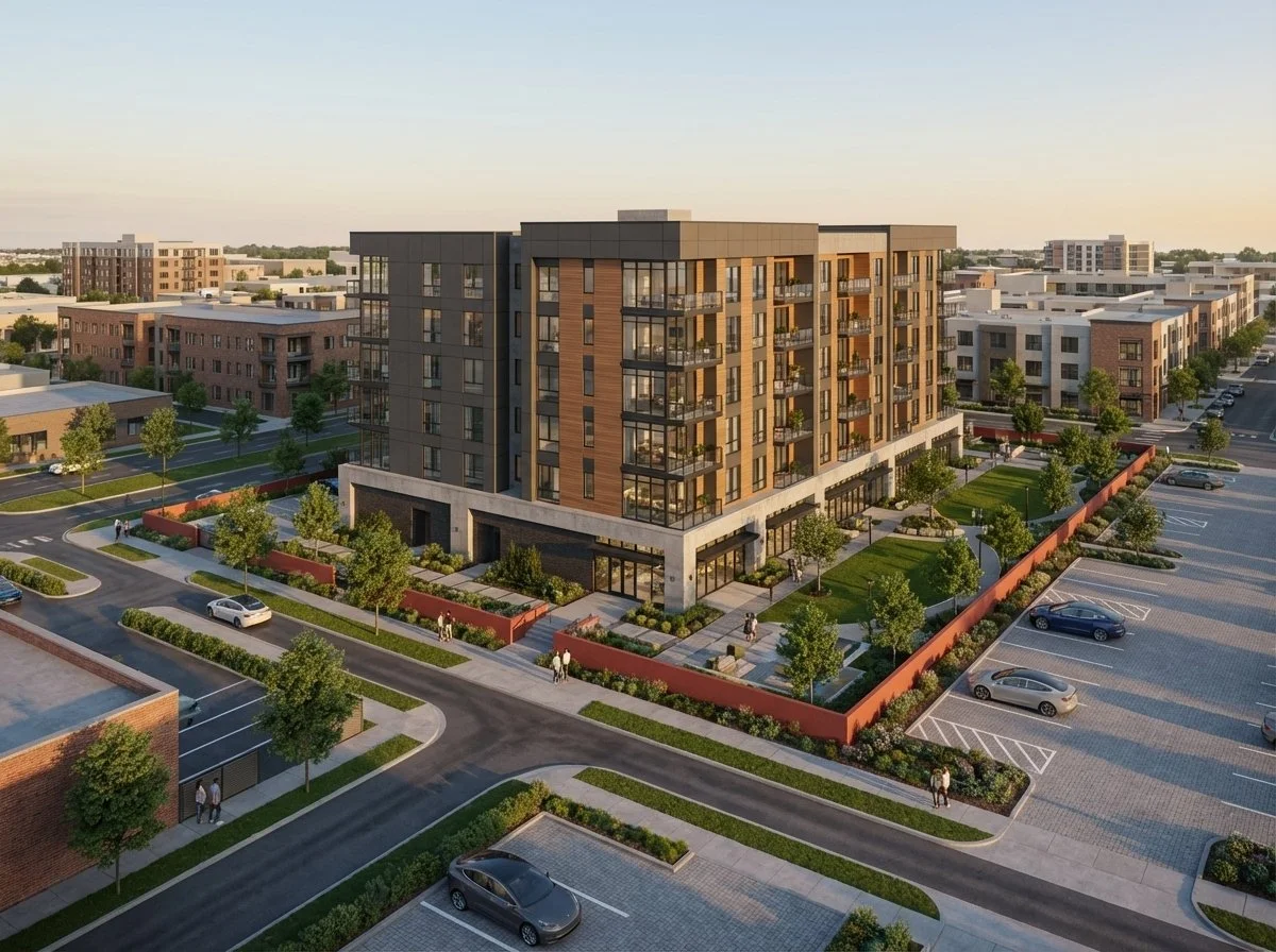 AI rendering — mixed-use multifamily