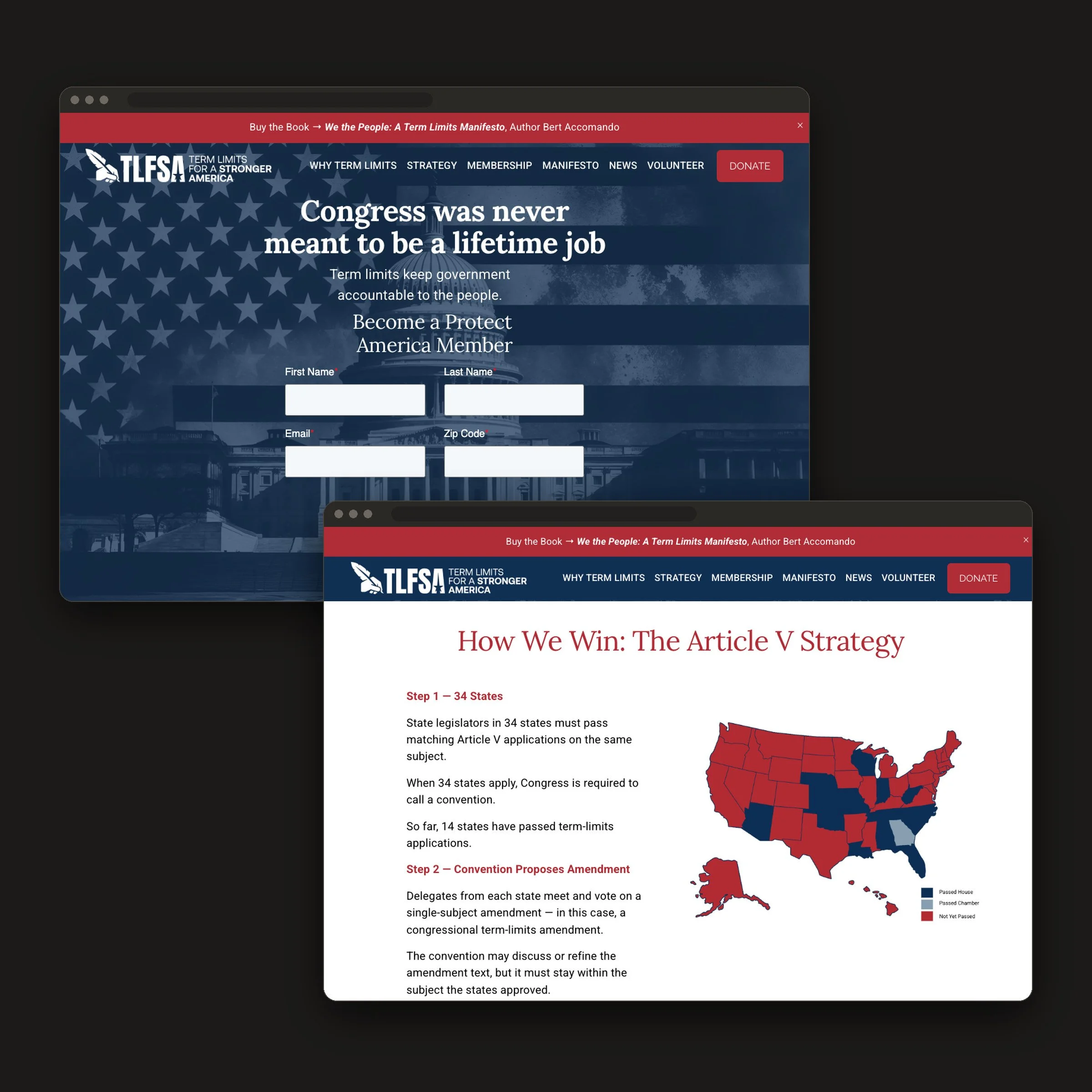 Two screens from the Term Limits for a Stronger America website: the membership sign-up homepage and the Article V strategy page with a map of states