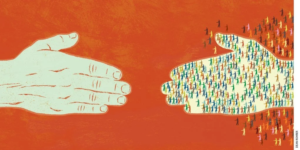 Illustration of two hands reaching to shake: on the left, a single pale hand; on the right, a hand made of hundreds of tiny, multicolored people, against a red-orange ground