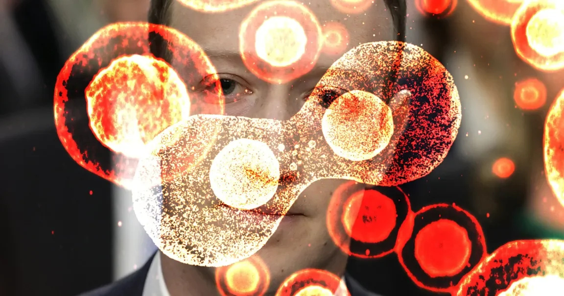 Mark Zuckerberg's face seen through glowing red and orange dividing cells