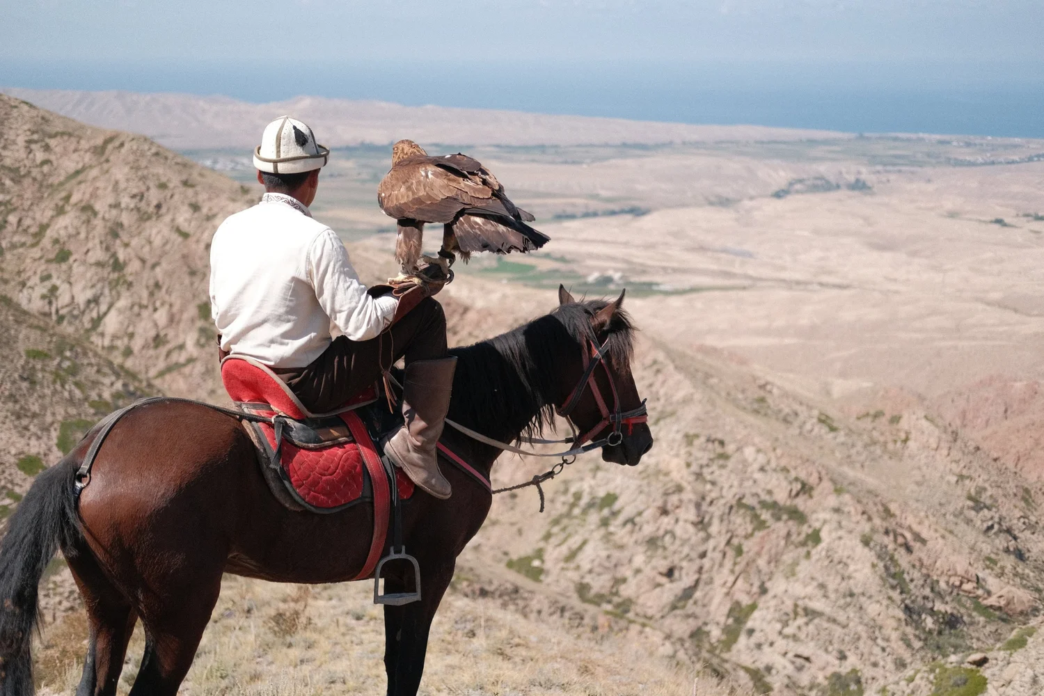 A Kyrgyz eagle hunter on horseback holding a golden eagle above Issyk-Kul