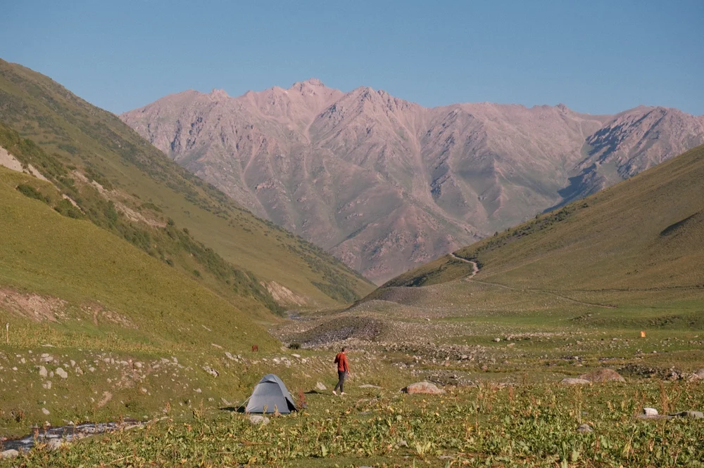 Red mountains in a remote valley of Kyrgyzstan