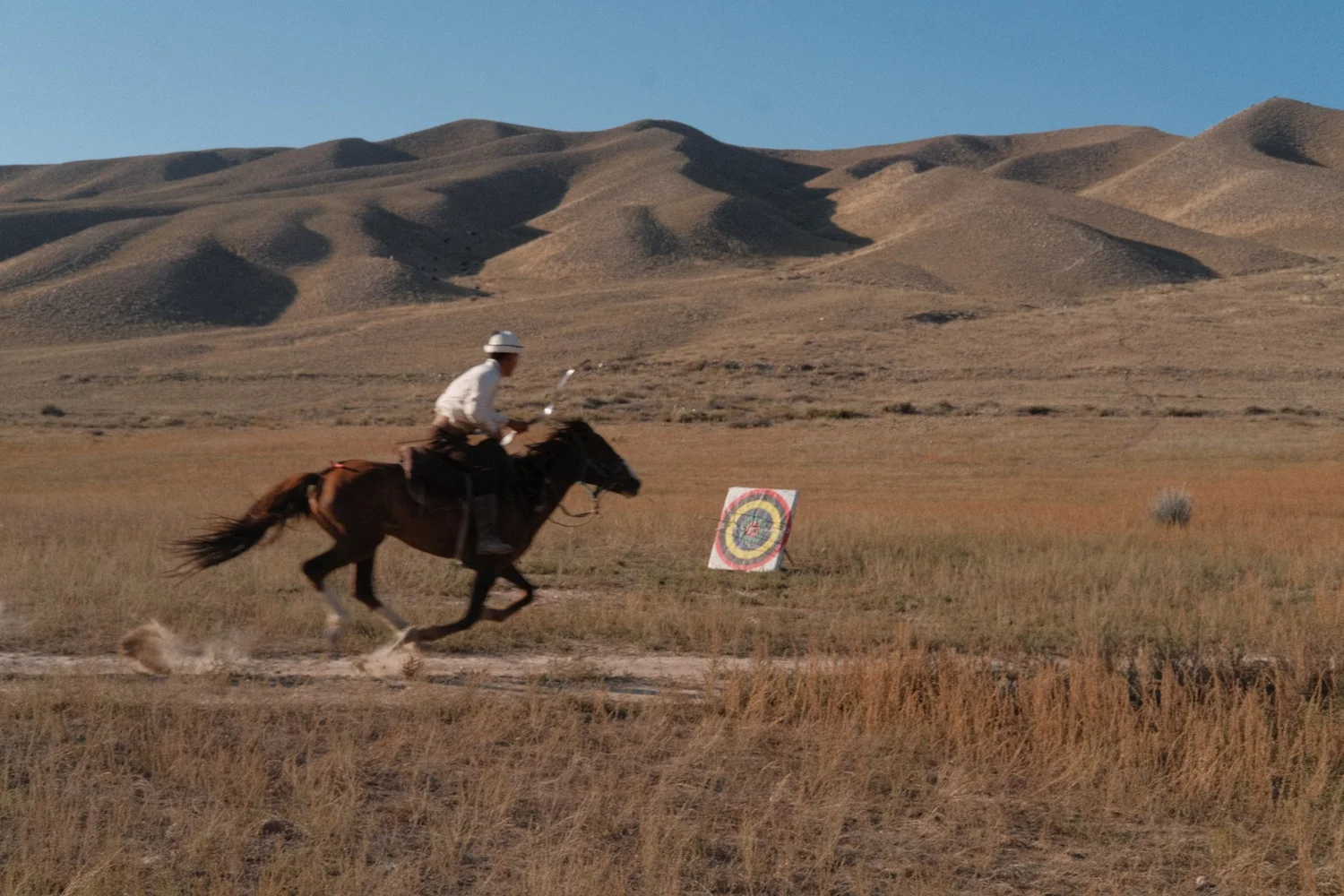A rider in a kalpak gallops past a target during a horseback archery demonstration