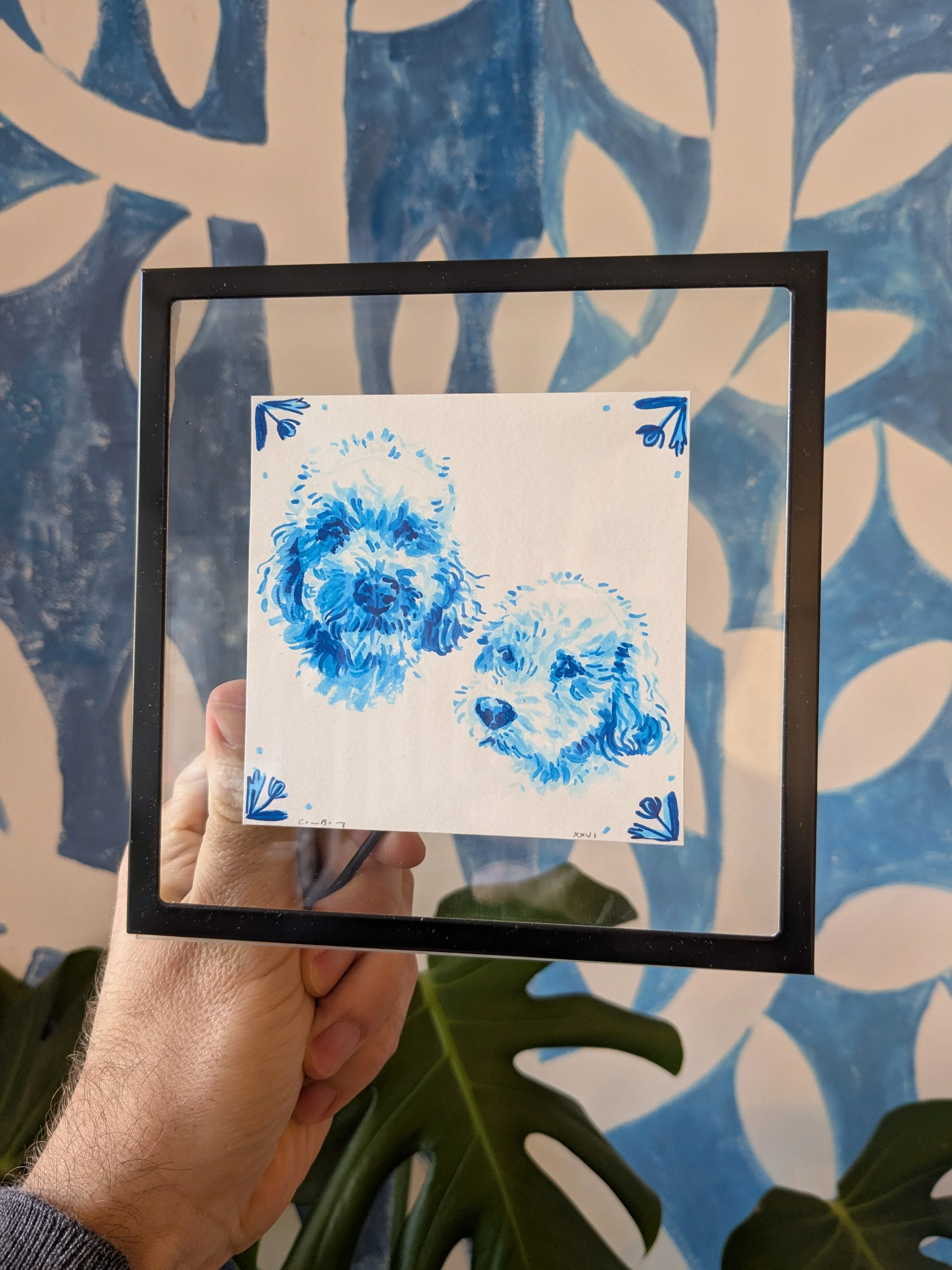 Hand-painted Delft blue 100x100mm two pet portrait example, two cats together