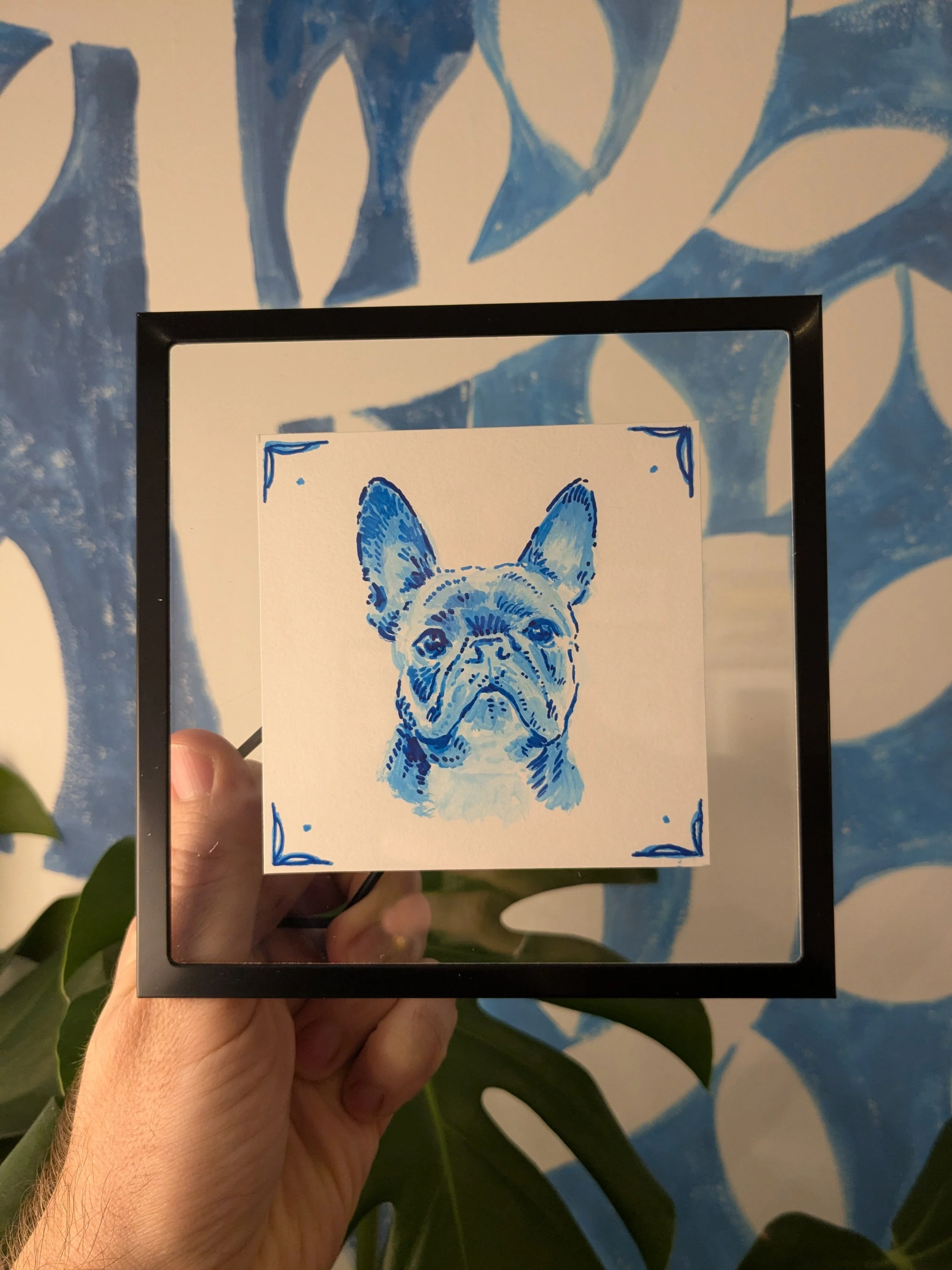 Hand-painted Delft blue 100x100mm single pet portrait example
