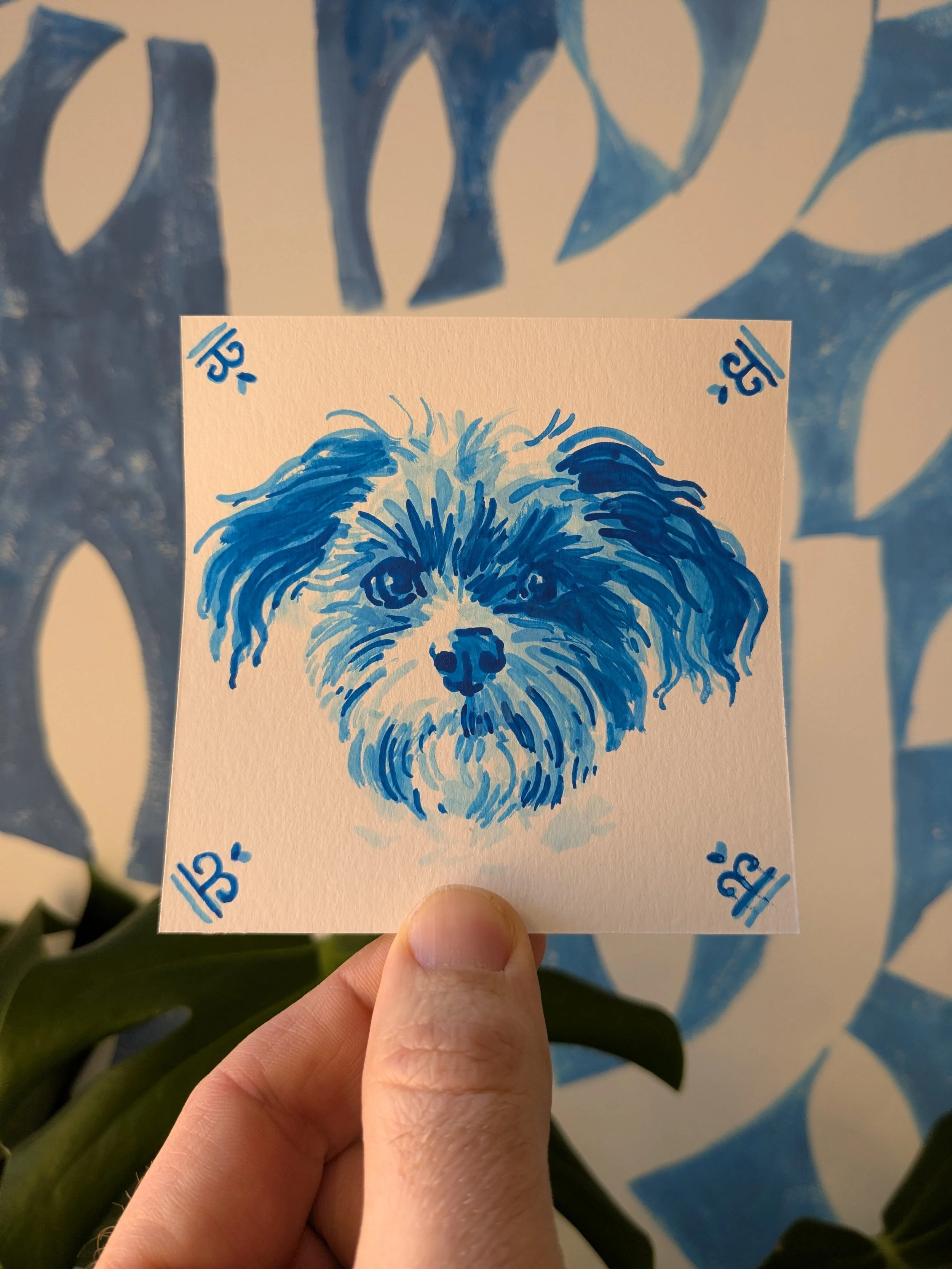 Finished hand-painted Delft blue gouache portrait of a spaniel