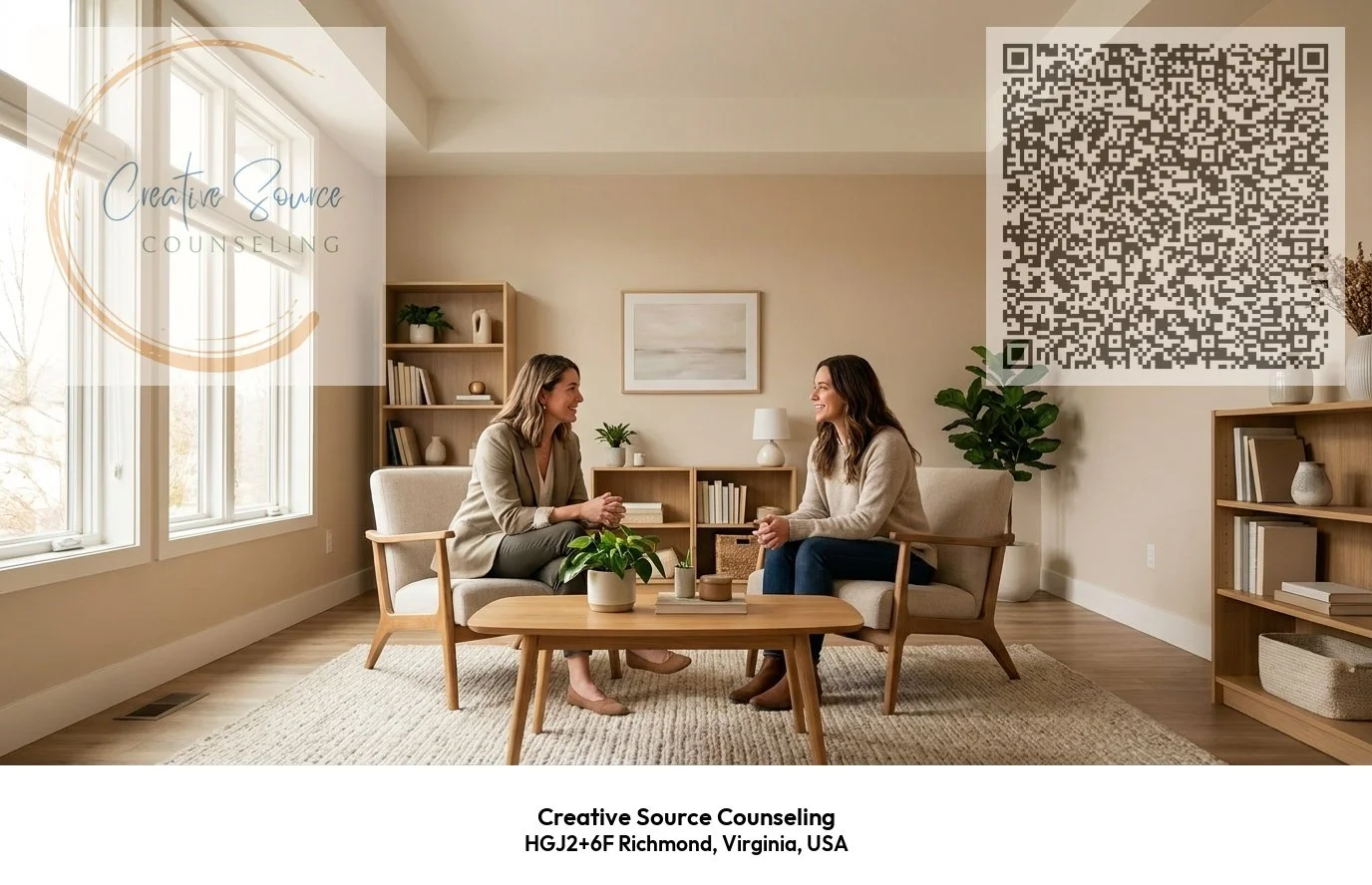 Creative Source Counseling divorce therapy branded card showing practice logo, contact QR code, and Brittany Deutch LPC ATR-BC in Richmond, Virginia