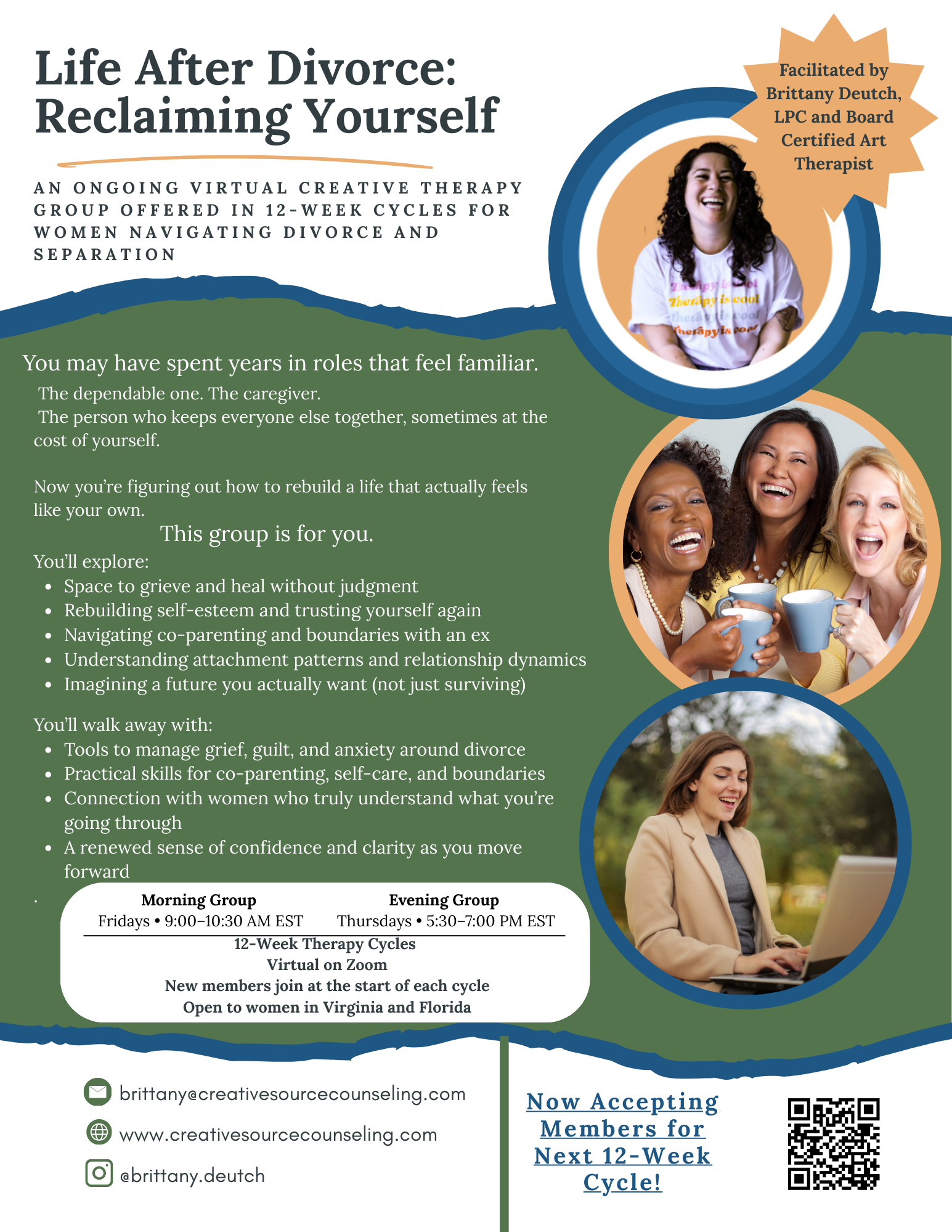 Life After Divorce group therapy for women at Creative Source Counseling, Virginia and Florida