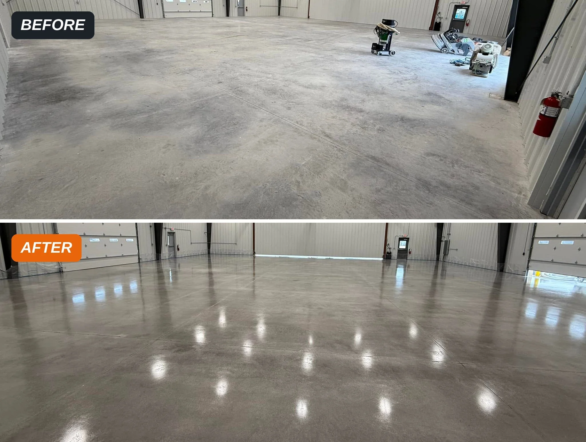 Concrete floor before and after grind and seal