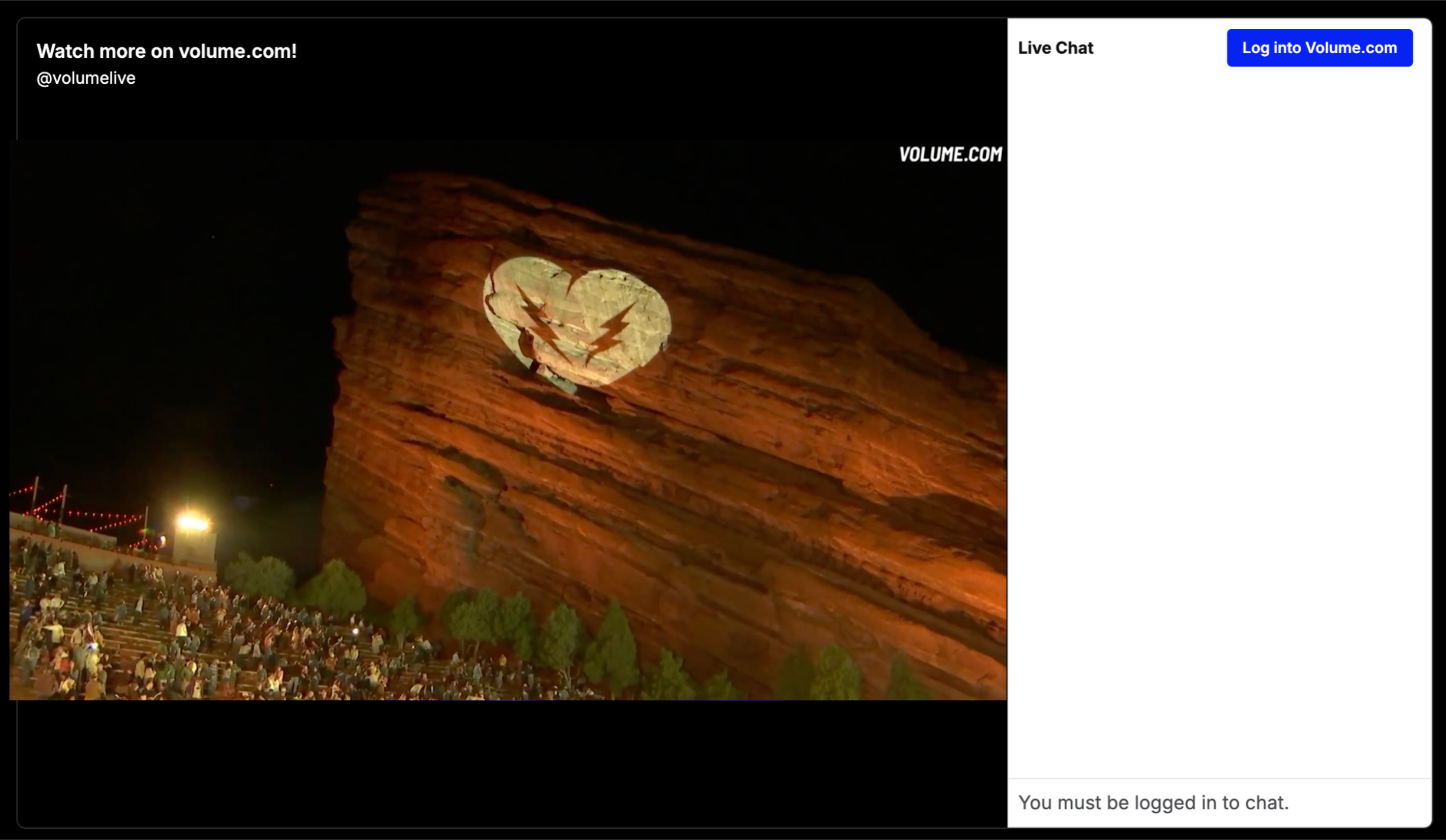 Artist website featuring a Volume.com embedded livestream