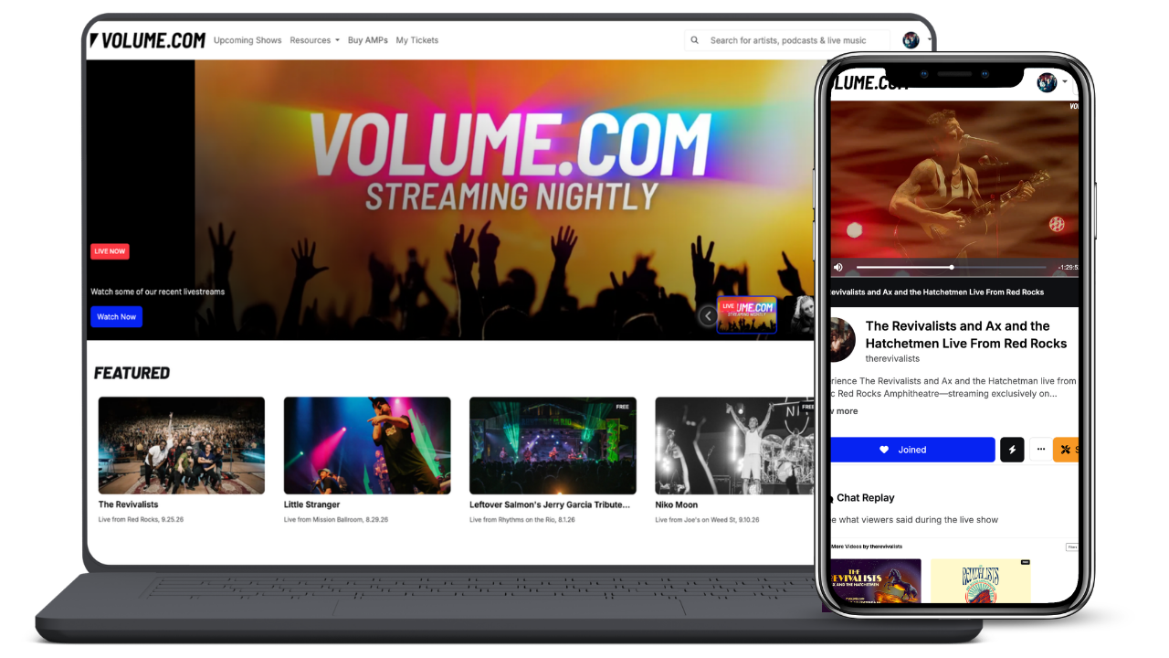 Volume.com livestream platform displayed on desktop and mobile