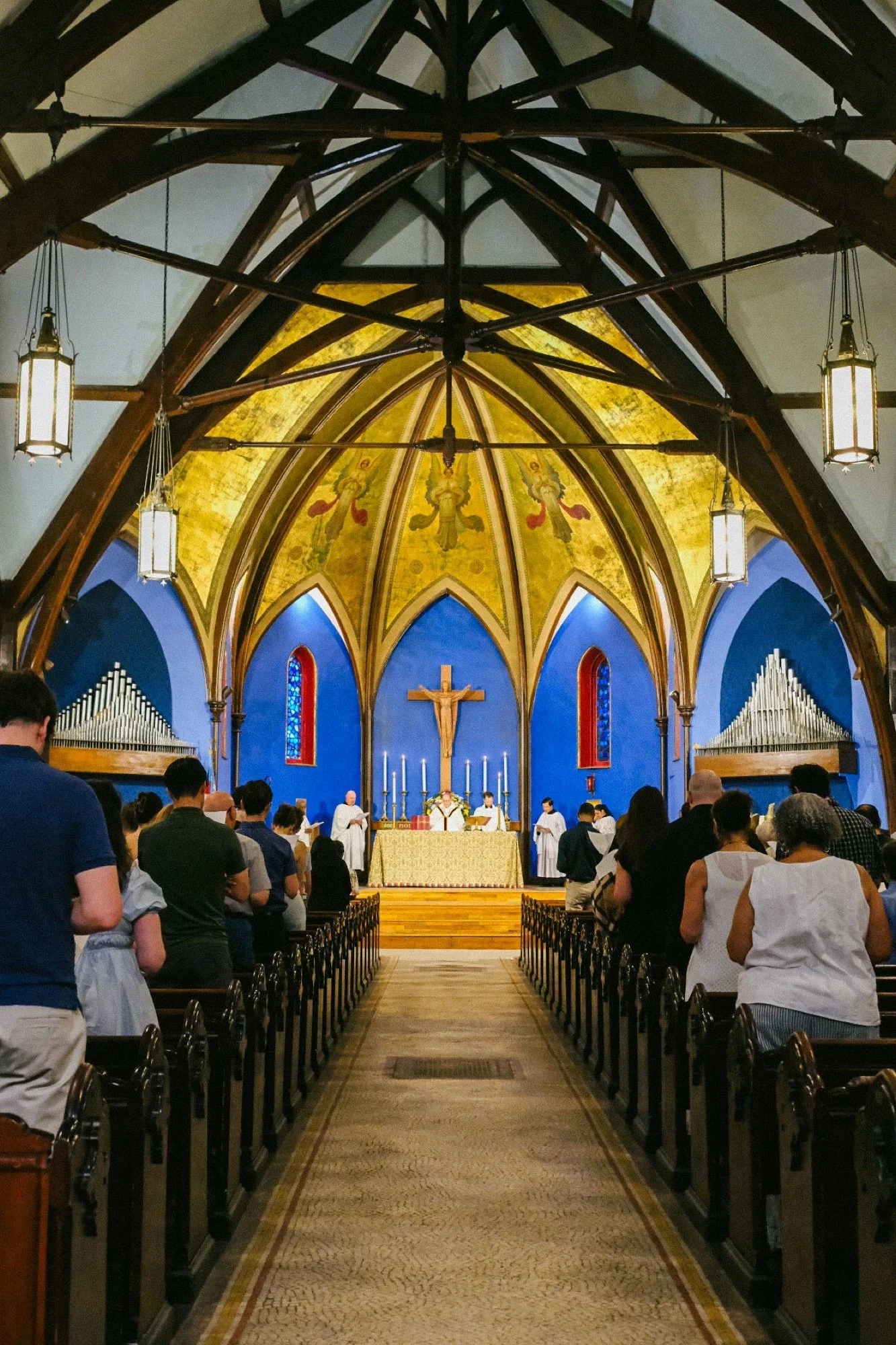 A full church on St. John's 200th anniversary, looking down the center aisle to the altar