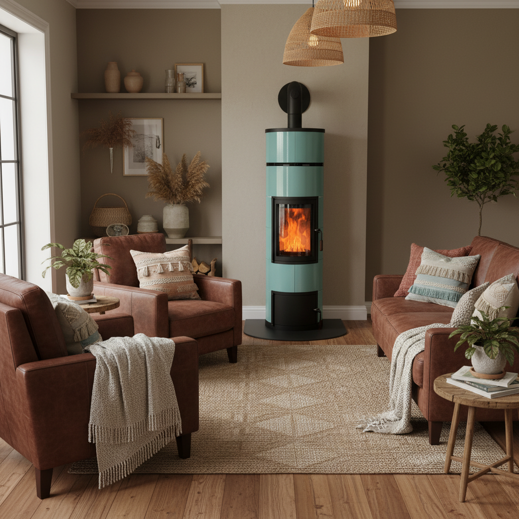 Türkisfarbener Bremer Grundofen Hybrid im Wohnzimmer