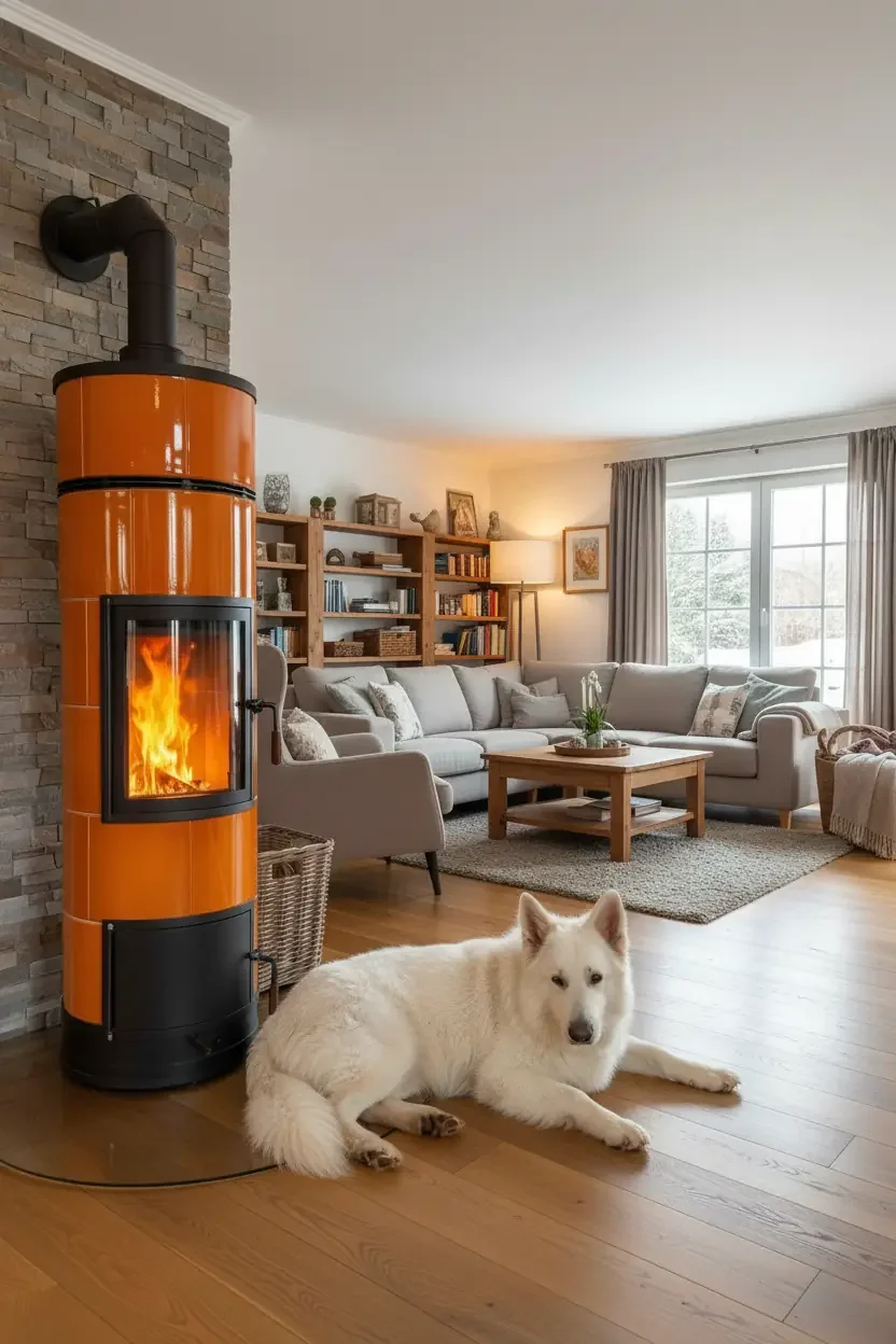 Bremer Grundofen in Orange im Wohnzimmer, davor ein Hund