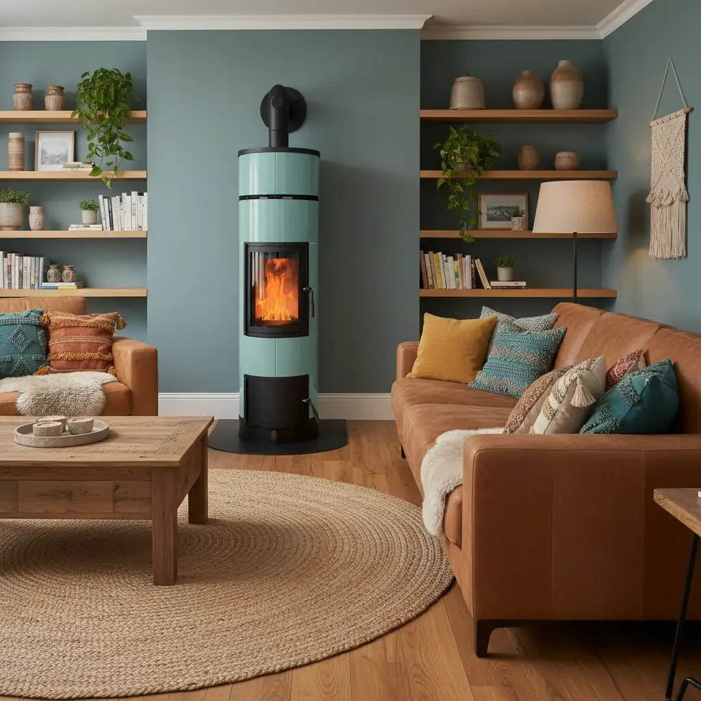 Türkisfarbener Bremer Grundofen Hybrid im Wohnzimmer