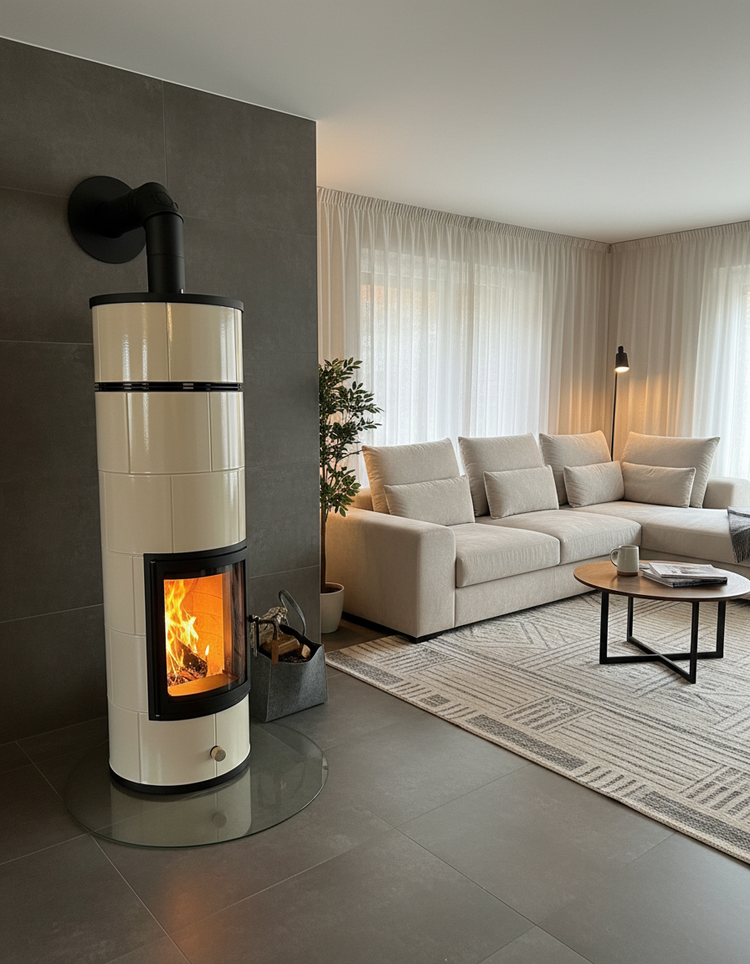 Bremer Grundofen in Creme mit schwarzem Abschluss in einem modernen Wohnzimmer