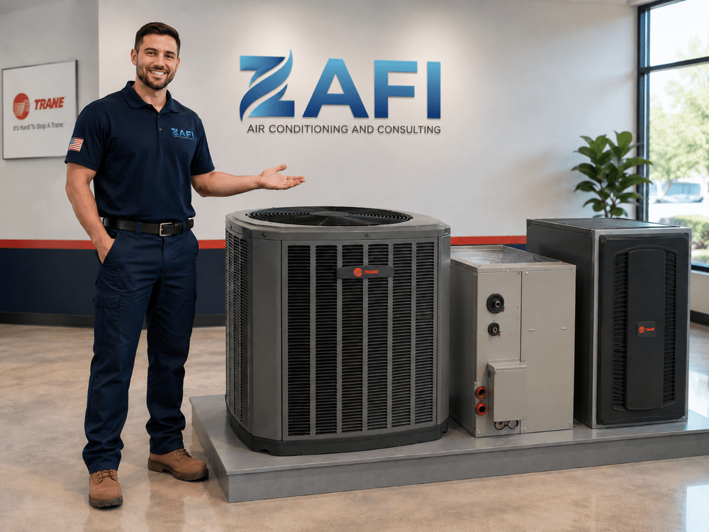 ZAFI-branded residential heating and cooling equipment display