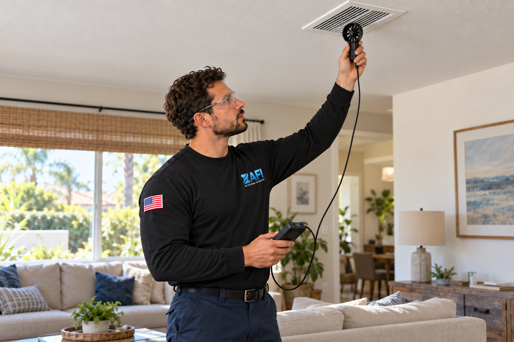 Technician in a ZAFI shirt checking airflow at a home’s ceiling vent.