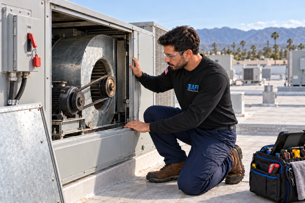 Technician in a ZAFI shirt inspecting a rooftop HVAC unit’s blower and belt assembly.