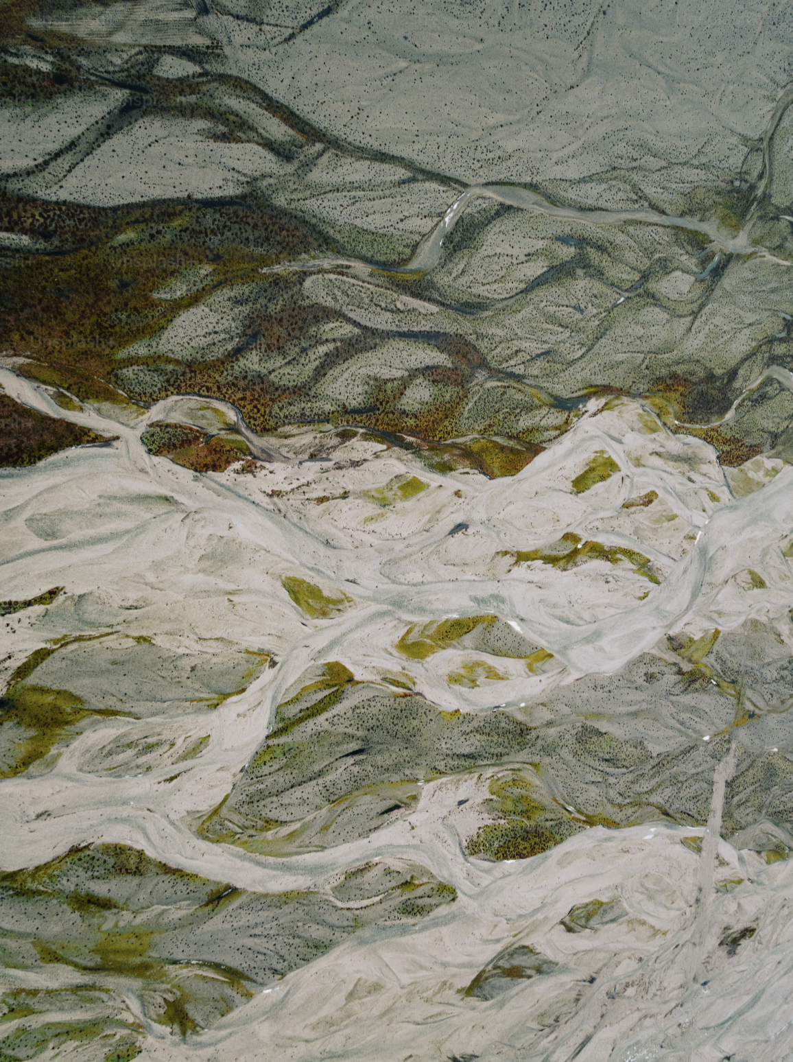 Aerial view of a braided mountain river