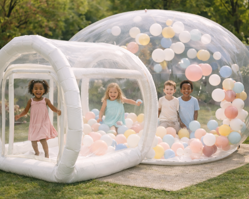 Children enjoying the Little Luxe Parties bubble house rental