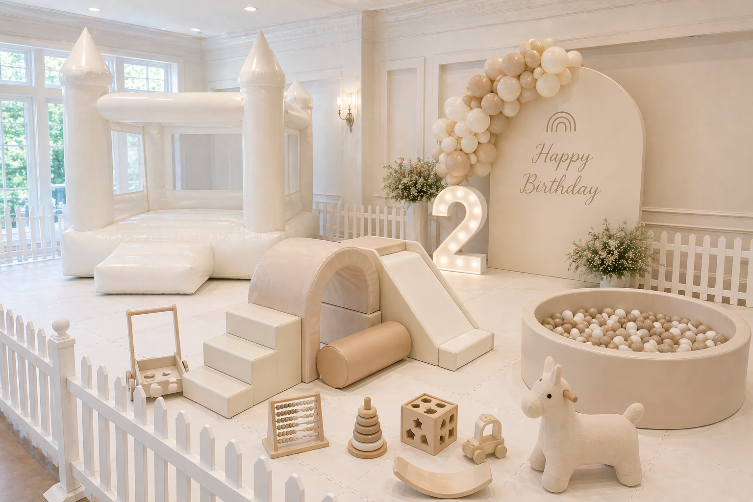 Luxury toddler soft play celebration setup with white bounce house, ball pit, balloons, flooring and fencing