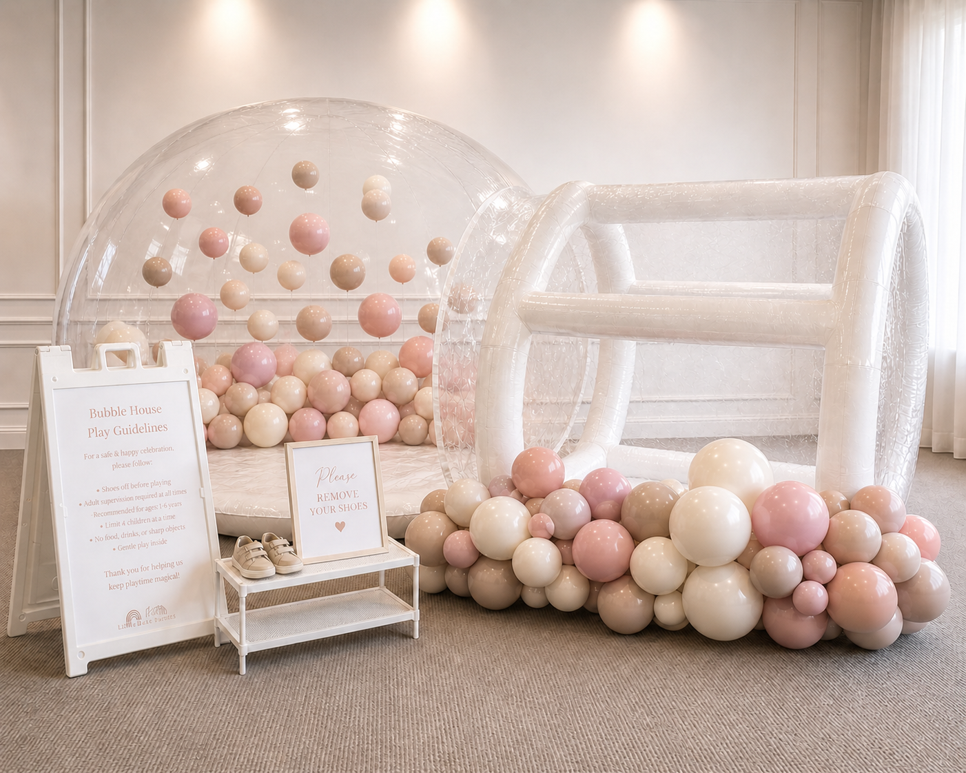 Little Luxe Parties signature bubble house with balloons, garland, and personalized details
