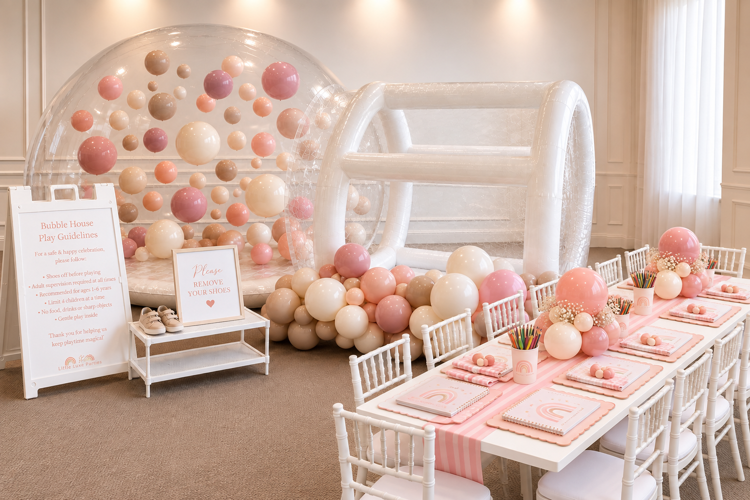 Party tier Bubble House with kids' table setup