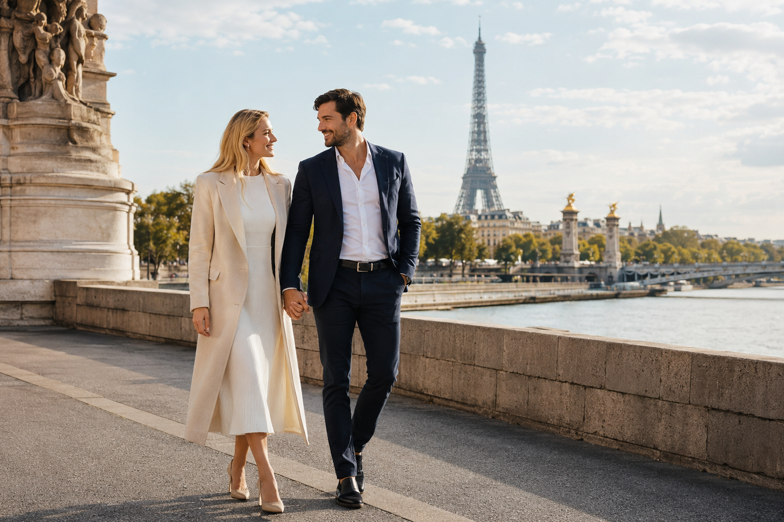Elegant couple walking in Paris after a private introduction by JAIDA International matchmaking