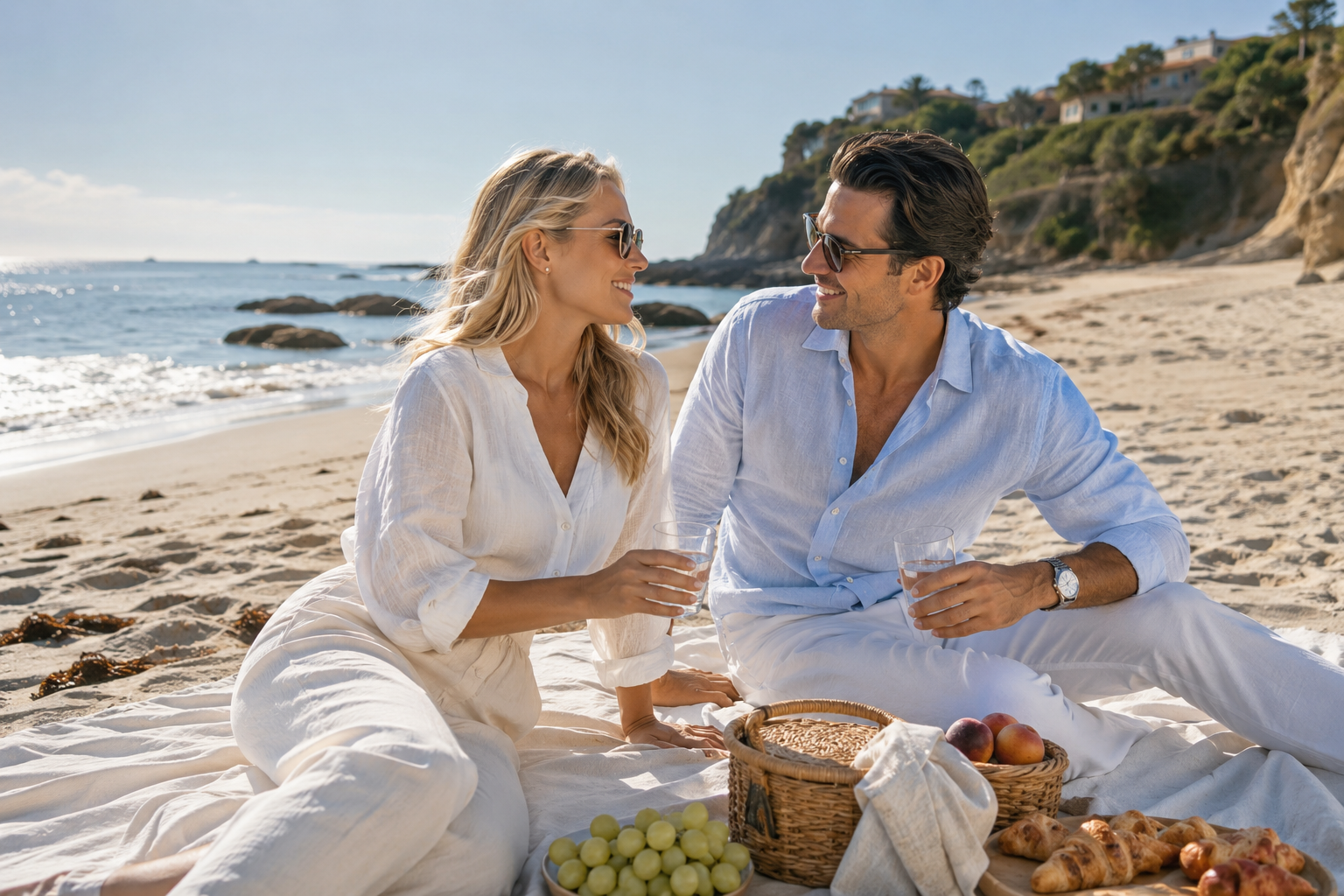 Elegant couple enjoying a romantic beach picnic after a private JAIDA introduction in Newport Beach