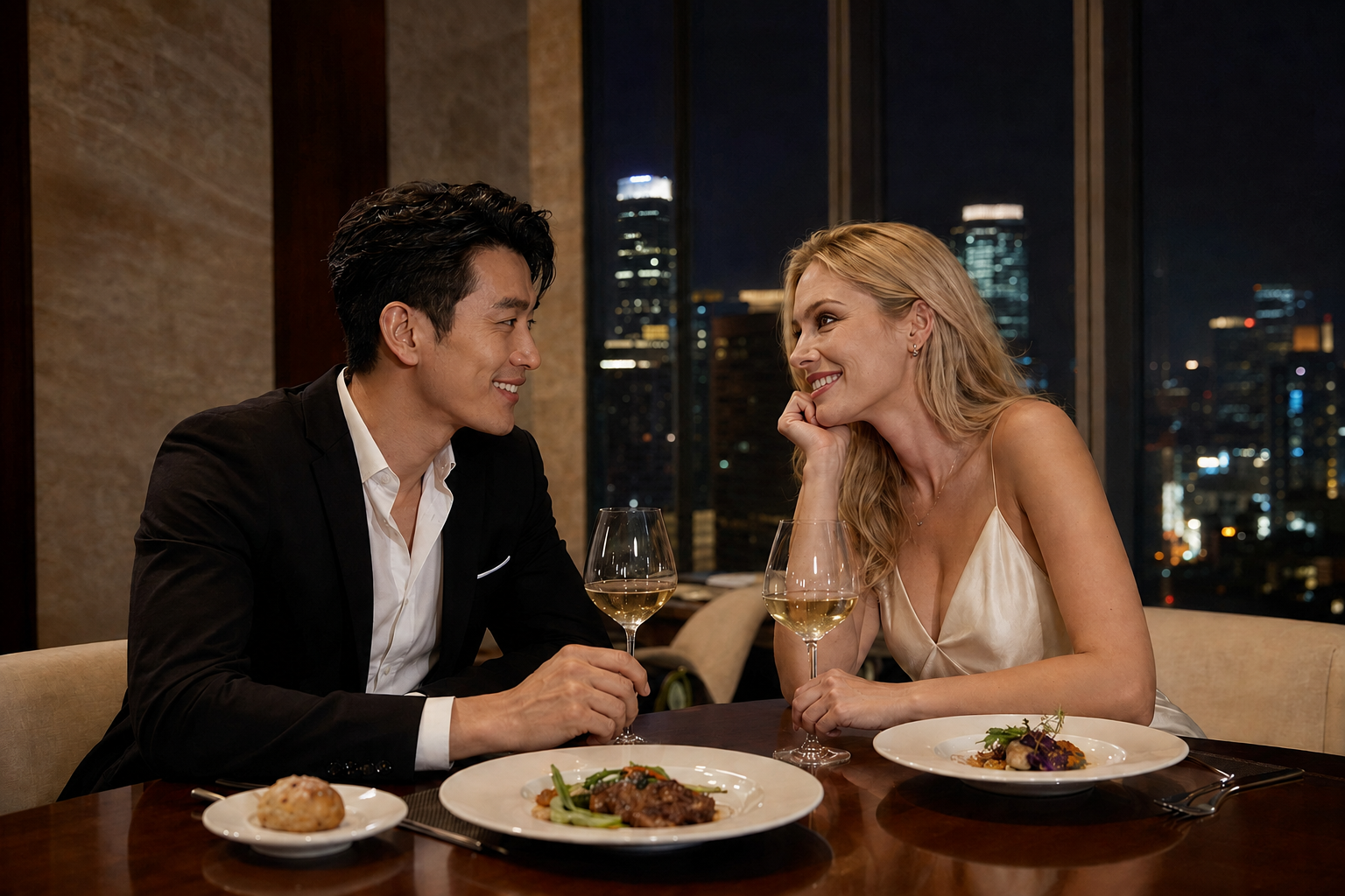 Cross-cultural couple flirting over dinner in Beijing