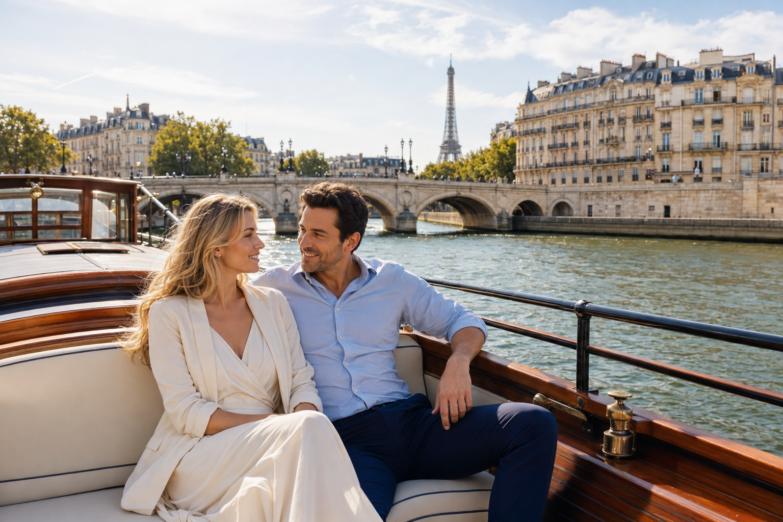 Romantic couple on a Seine peniche cruise in Paris after a curated JAIDA introduction