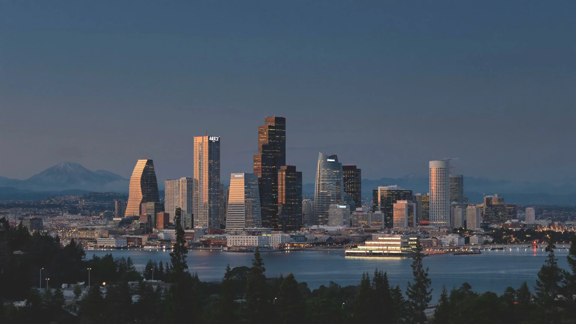 Downtown Bellevue skyline at dusk