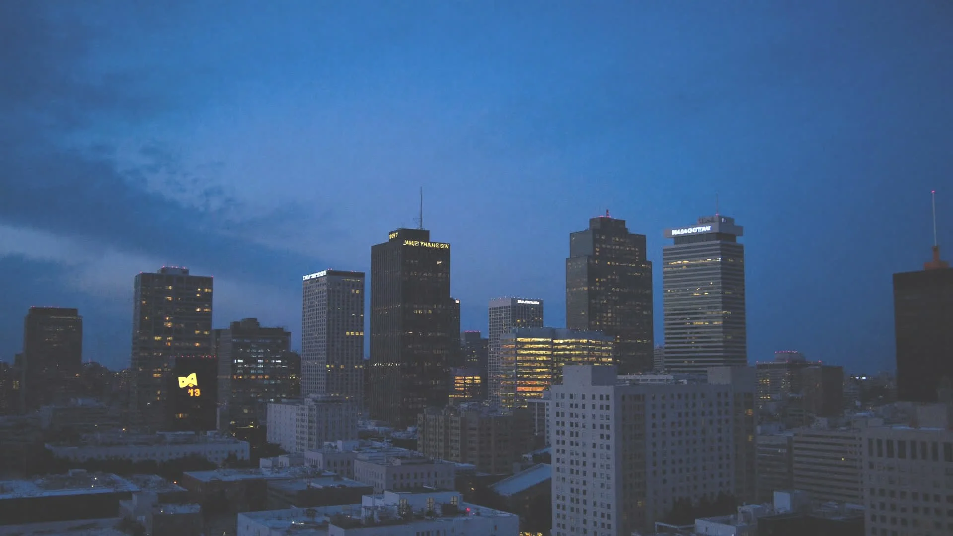 Downtown Manchester skyline at dusk