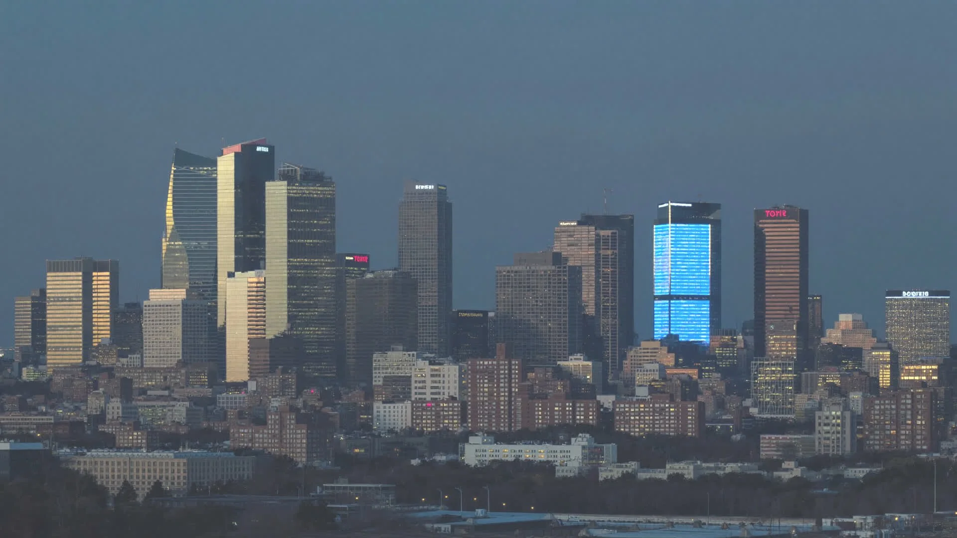 Downtown Erie skyline at dusk
