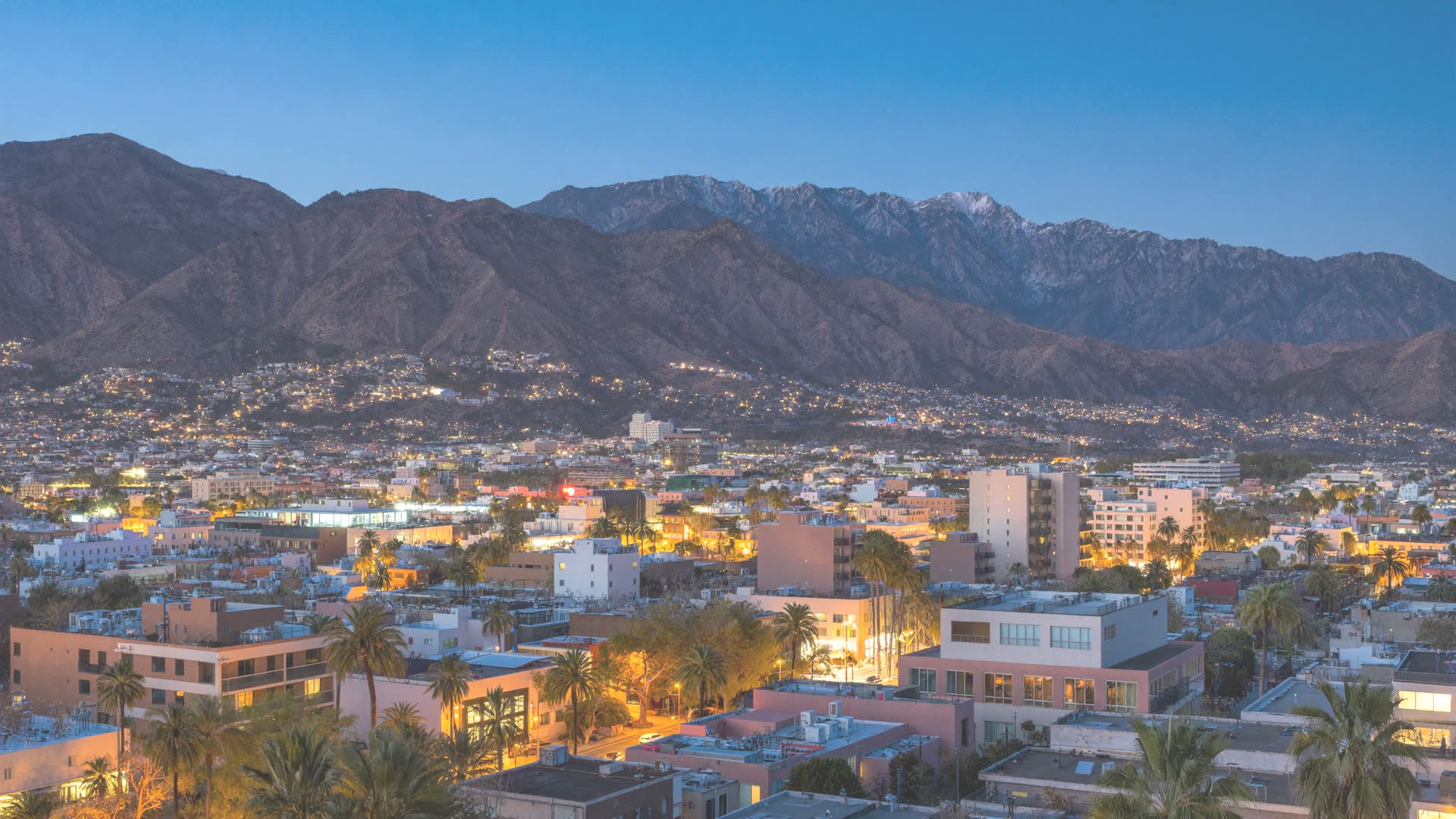 Downtown San Bernardino skyline at dusk