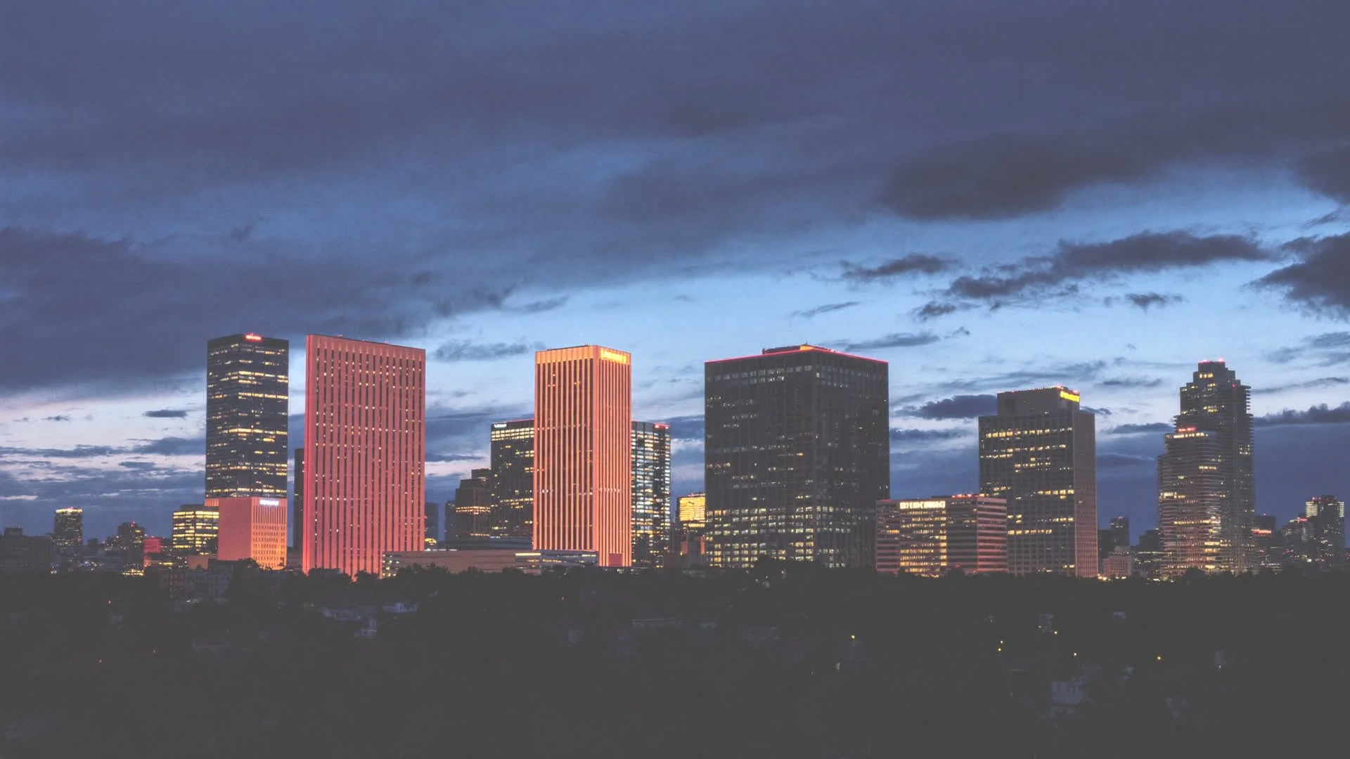 Downtown College Station skyline at dusk