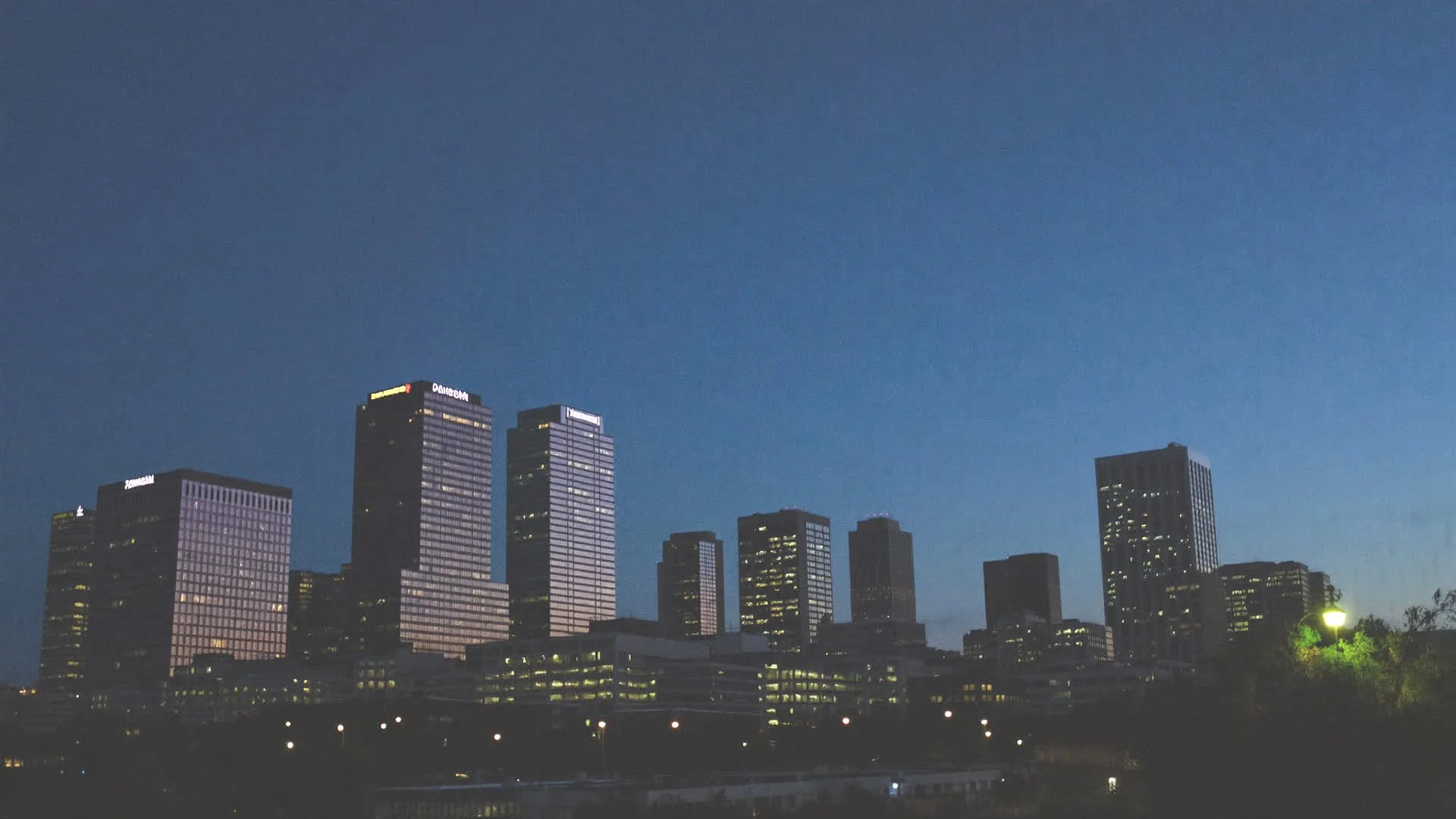 Downtown Waterbury skyline at dusk