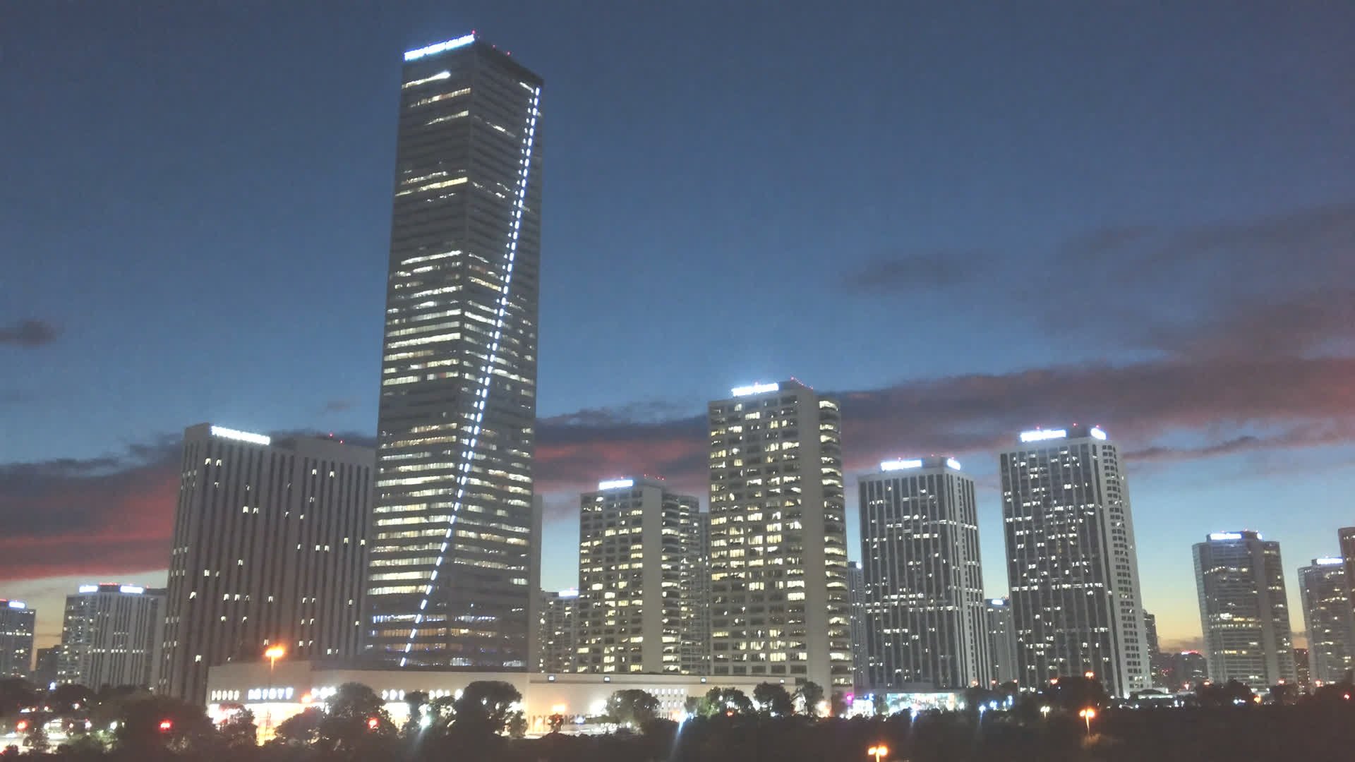 Downtown Pensacola skyline at dusk