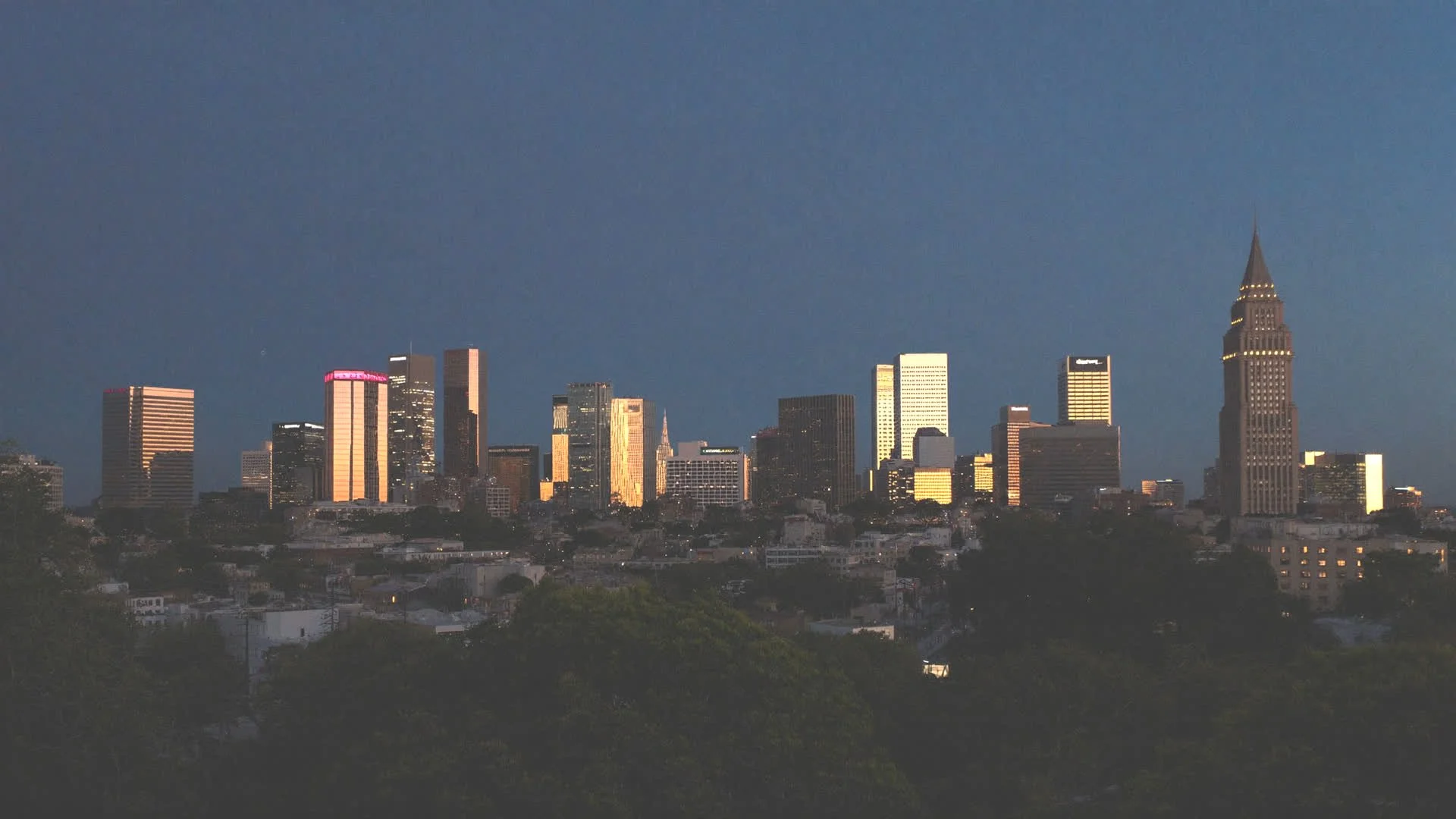 Downtown Orange skyline at dusk