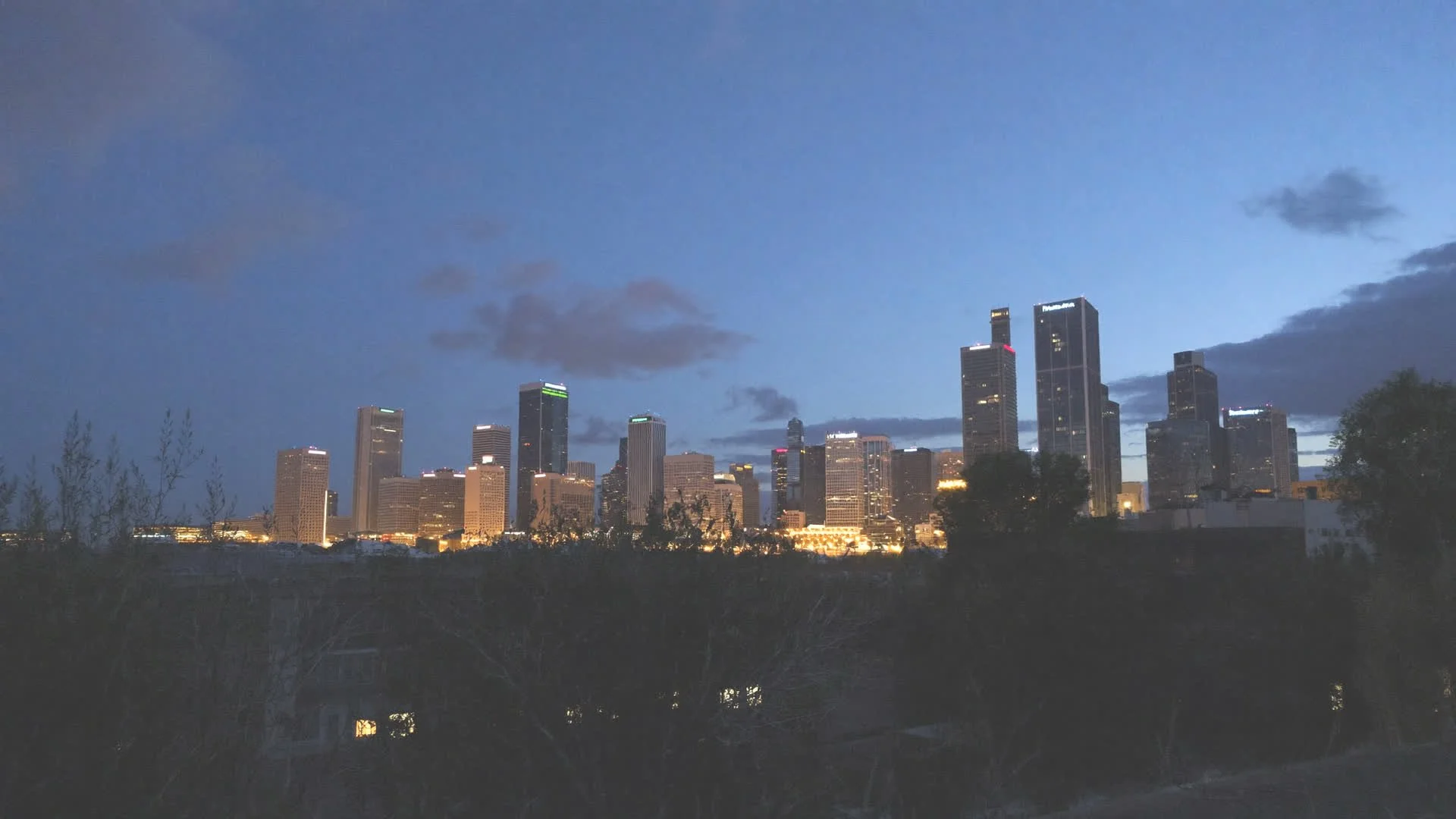 Downtown Lafayette skyline at dusk
