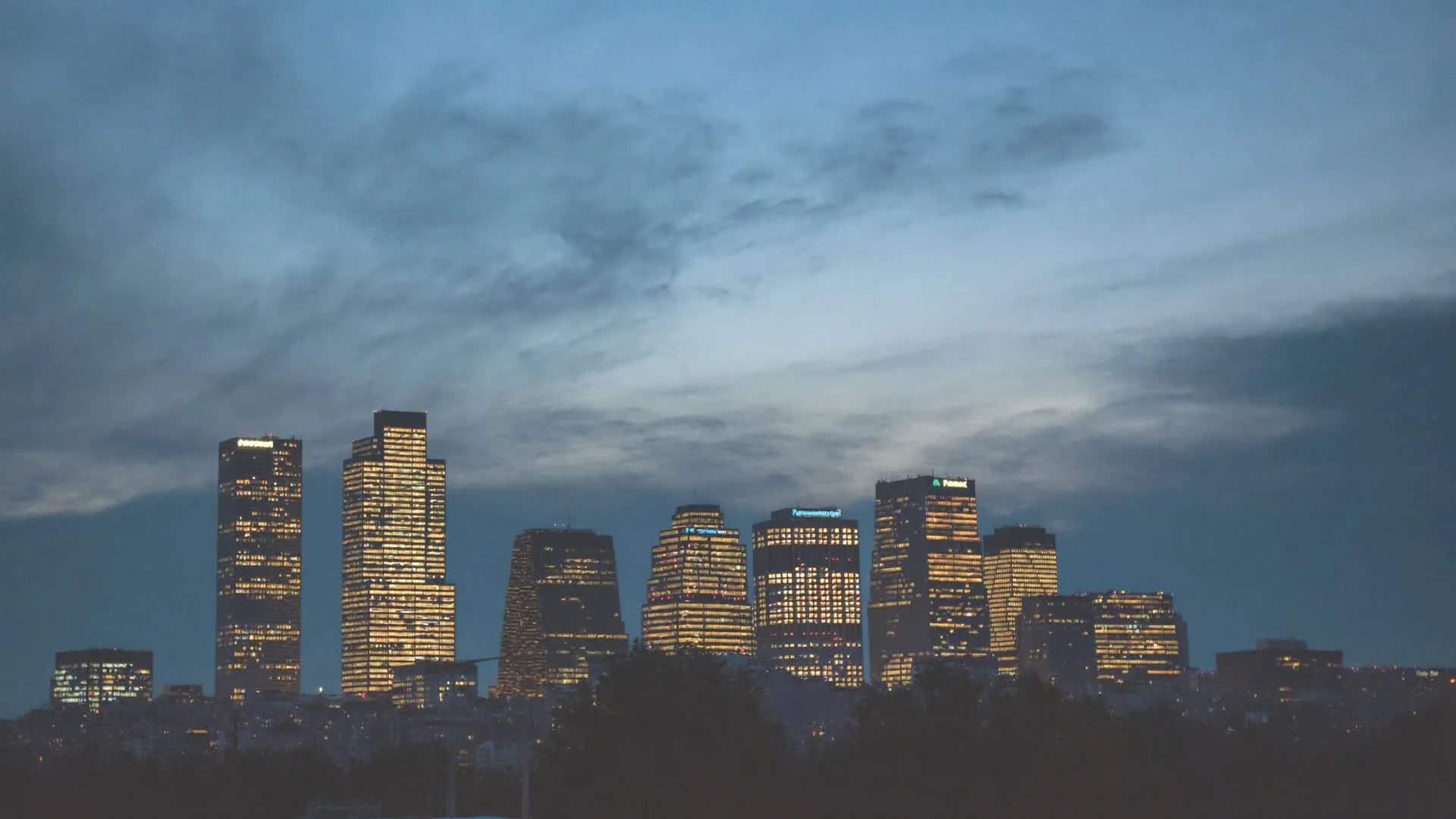 Downtown Pomona skyline at dusk