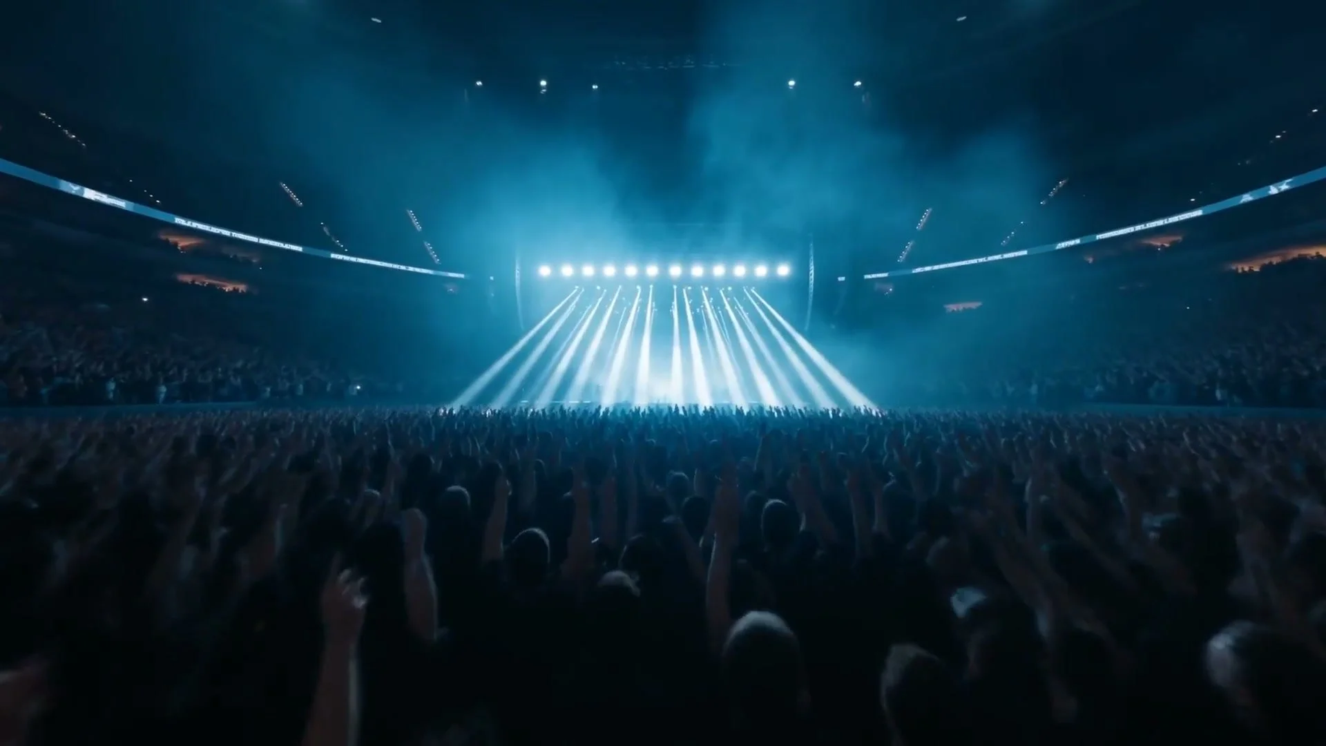 Concert crowd facing a stage under blue light beams