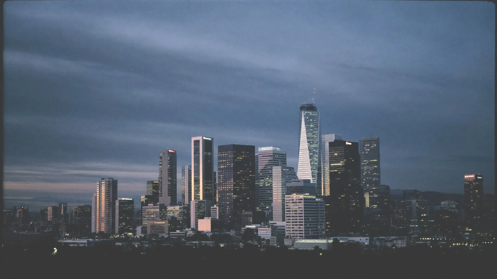 Downtown Fontana skyline at dusk